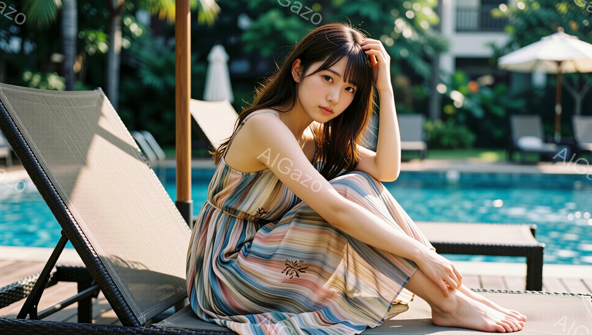 長いストライプのワンピースを着た女性が、プールサイドのラウンジチェアに座っています。彼女は足を抱え、少し憂いを帯びた表情でカメラを見ています。背景には青いプール、緑豊かな植物、そして白いパラソルが見え、穏やかでリラックスした雰囲気が漂っています。