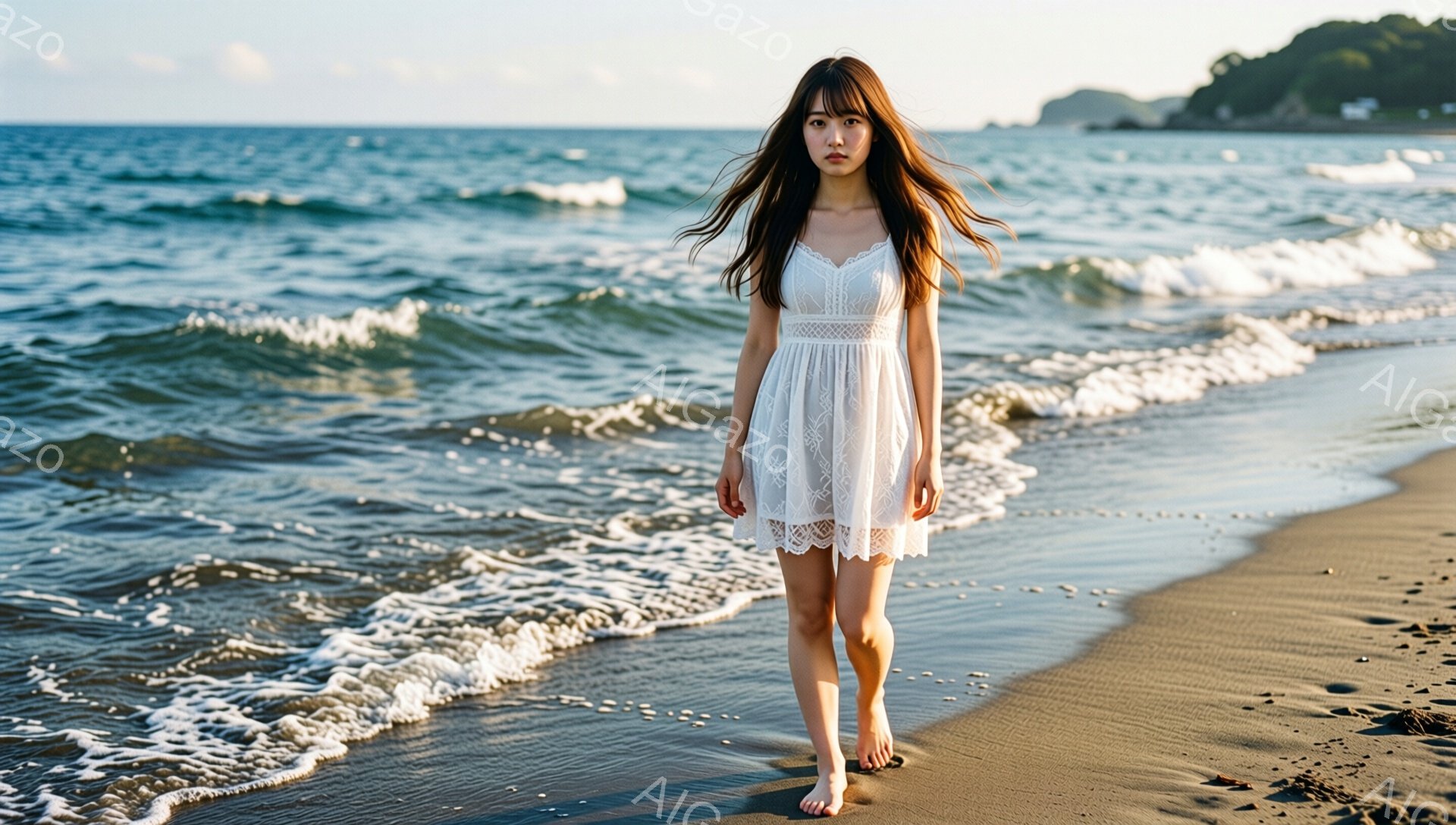長い黒髪を風になびかせ、白いレースのミニドレスを着た女性が砂浜を歩いている。彼女は裸足で、ややうつむき加減で、穏やかで少し寂しげな表情をしている。背景には青い海と、遠くに見える緑の丘、そして穏やかな波が広がっており、全体的に静かでノスタルジックな雰囲気を醸し出している。