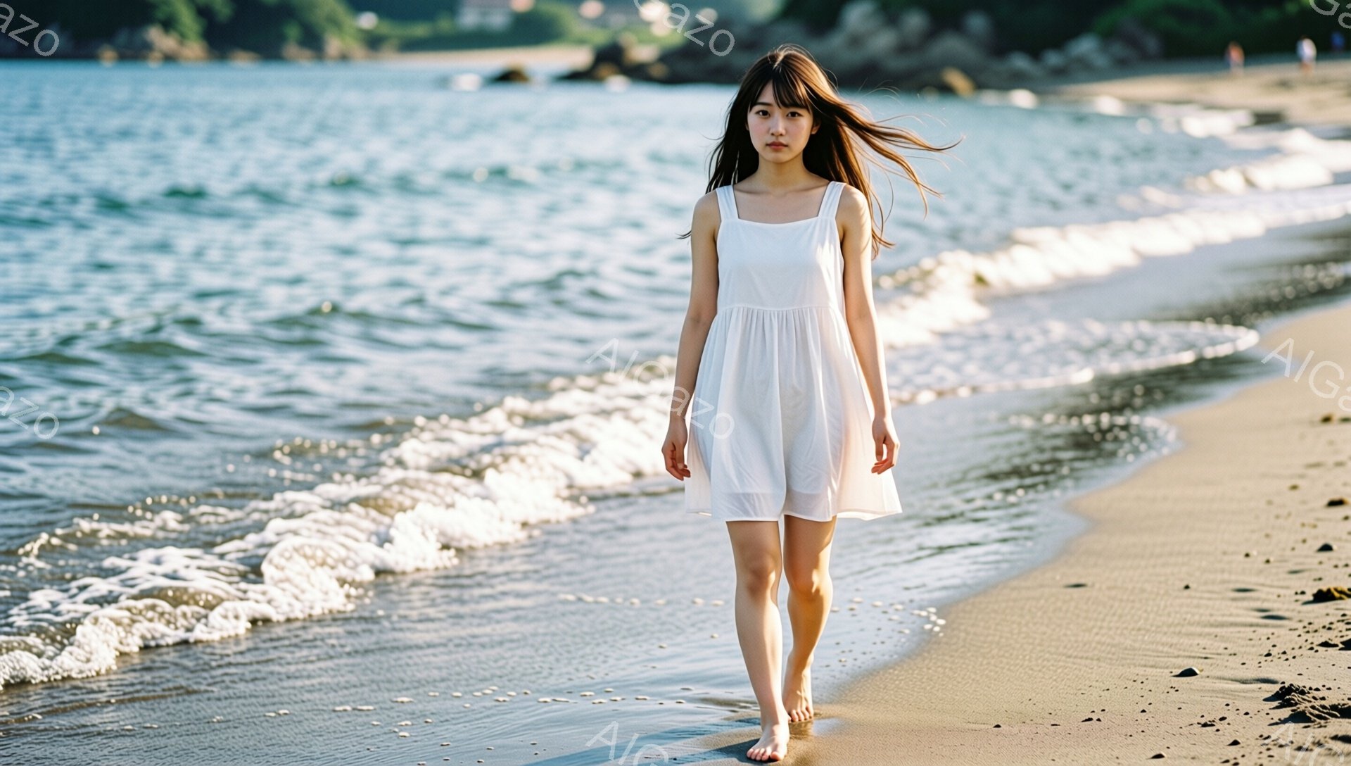 白いワンピースを着た女性が、砂浜を海に向かって歩いている。彼女は長い黒髪で、少し物憂げな表情をしている。背景には穏やかな海と、遠くに見える建物や緑豊かな風景が広がり、夏の夕暮れのような、静かで少し寂しげな雰囲気が漂っている。