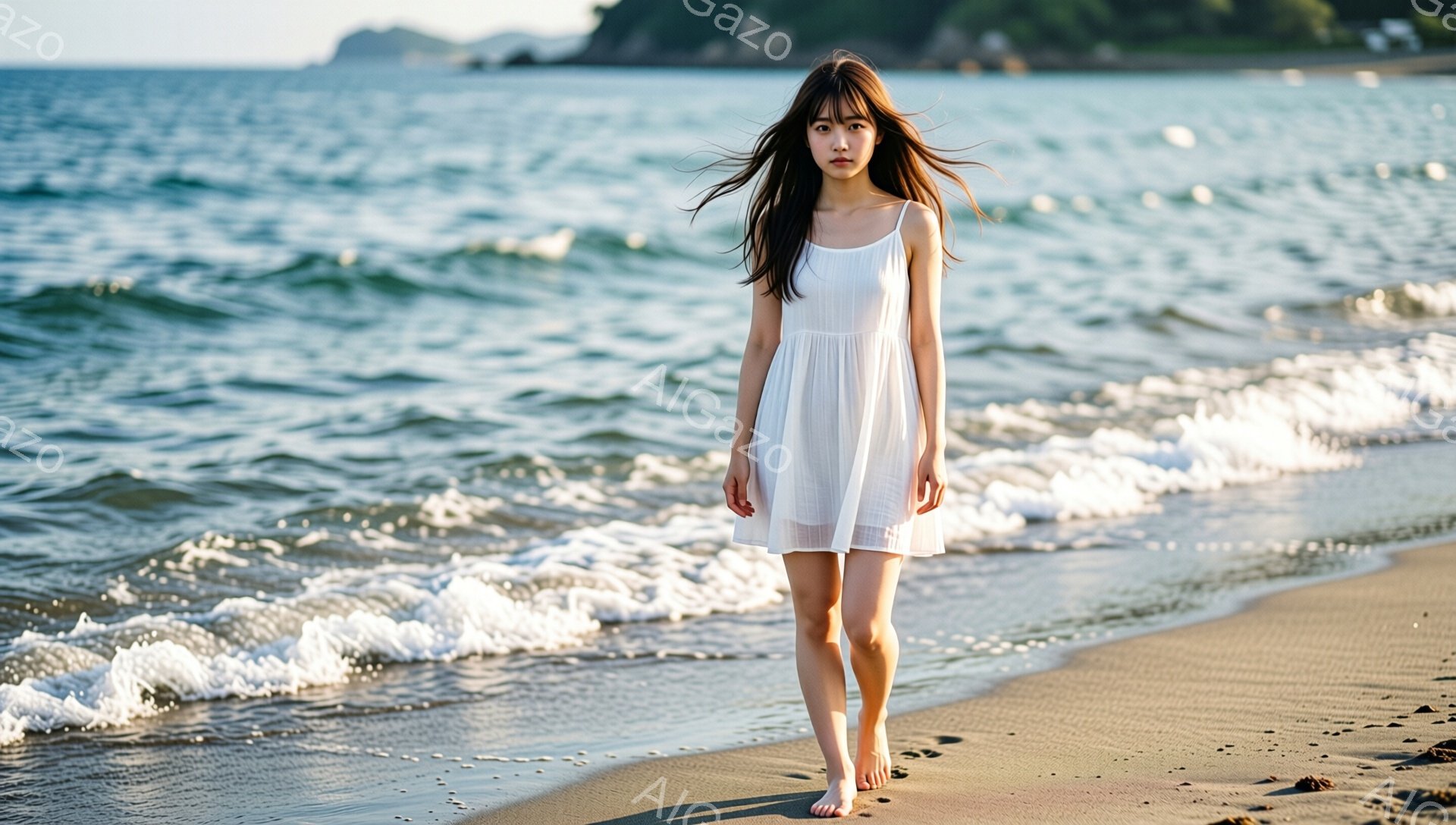 白いキャミソールワンピースを着た若い女性が、砂浜を裸足で歩いている。彼女は長い黒髪を風になびかせ、少し物憂げな表情をしている。背景には青い海と白い波が広がり、穏やかで少し寂しげな雰囲気を醸し出している。