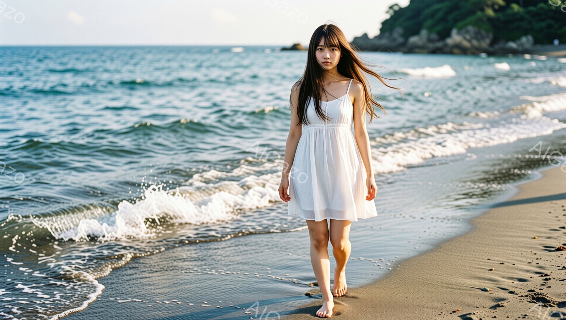 長い黒髪を風になびかせながら、白いキャミソールワンピースを着た若い女性が砂浜を歩いている。彼女は足元を波がかすめる砂浜で、少し物憂げな表情で正面を見ている。背景には穏やかな海と緑豊かな崖が広がり、全体的に静かでメランコリックな雰囲気を醸し出している。