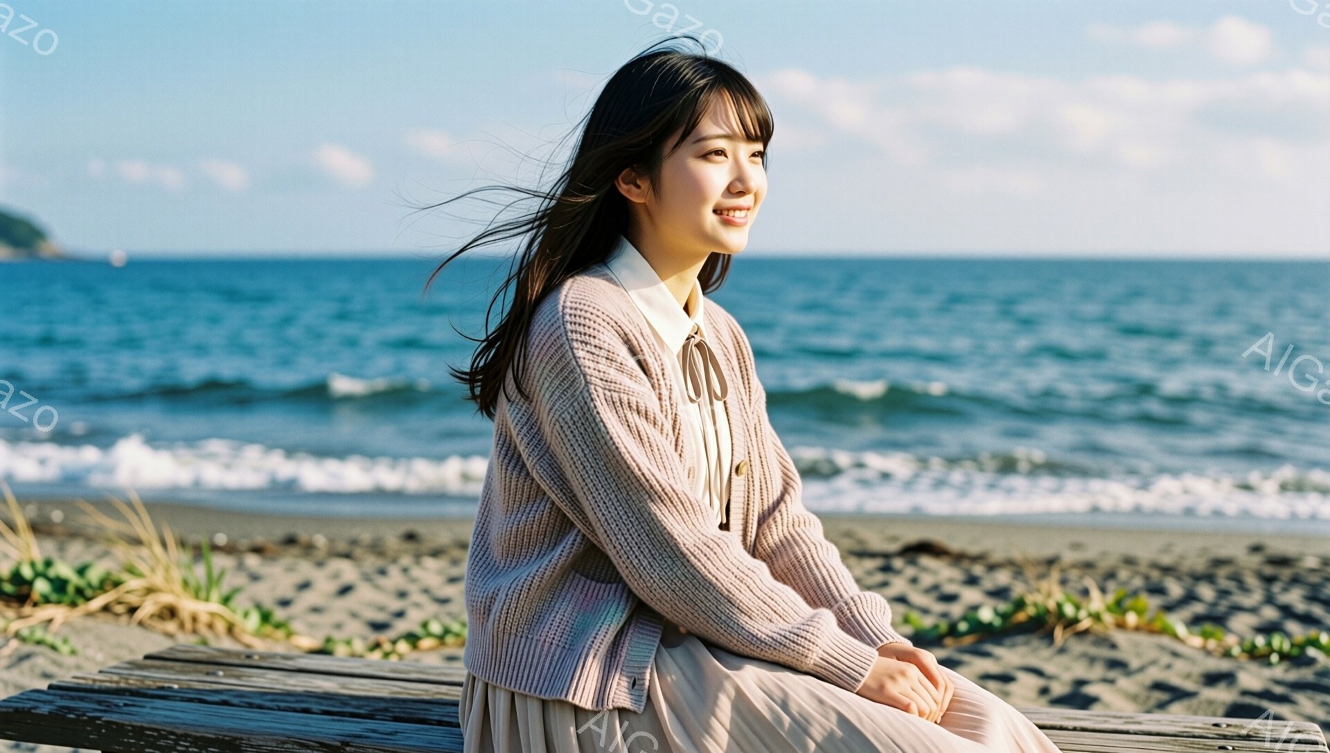 長い黒髪を風になびかせ、ベージュのカーディガンとクリーム色のブラウス、そして淡いピンクのスカートを身に着けた若い女性が、木製のベンチに座って海を眺めている。彼女は微笑んでおり、リラックスした雰囲気が漂 - AI生成フリー素材