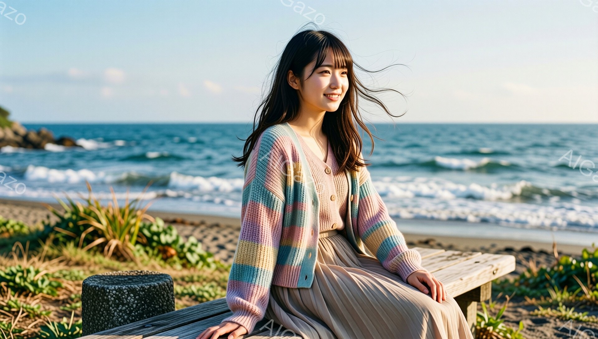 長い黒髪をサイドにかき上げ、明るい笑顔を浮かべた若い女性が写っている。パステルカラーのストライプのカーディガンとベージュのプリーツスカートを身につけ、木のベンチに座って海を眺めている。背景には青い海、 - AI生成フリー素材