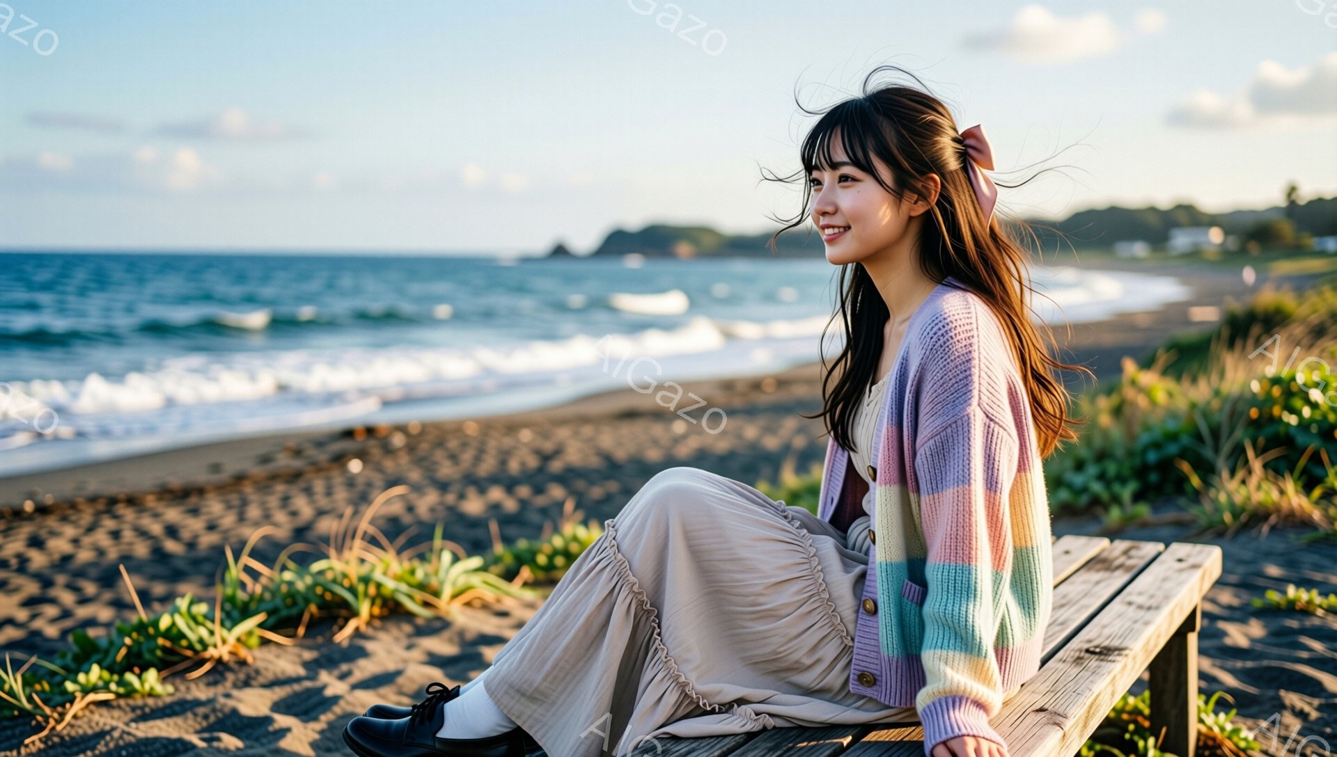 長い茶色の髪にピンクのリボンを付けた女性が、砂浜のベンチに座って海を眺めています。カラフルなセーターとベージュのスカートを身につけ、少し微笑んでおり、穏やかな表情です。背景には青い海と空、そして緑の草が生い茂り、晴れた日の穏やかな雰囲気が漂っています。