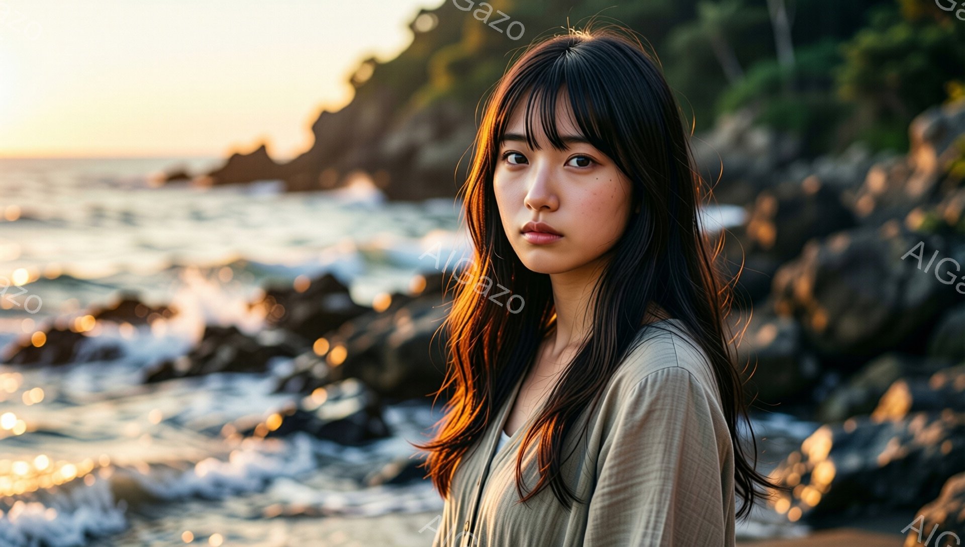 長い黒髪で、前髪が眉毛にかかる女性が写っている。オフホワイトのゆったりとしたシャツを着ており、少し物憂げな表情をしている。背景には岩場と荒波が広がり、夕焼けの光が海面を照らし、穏やかで少し寂しげな雰囲気を醸し出している。