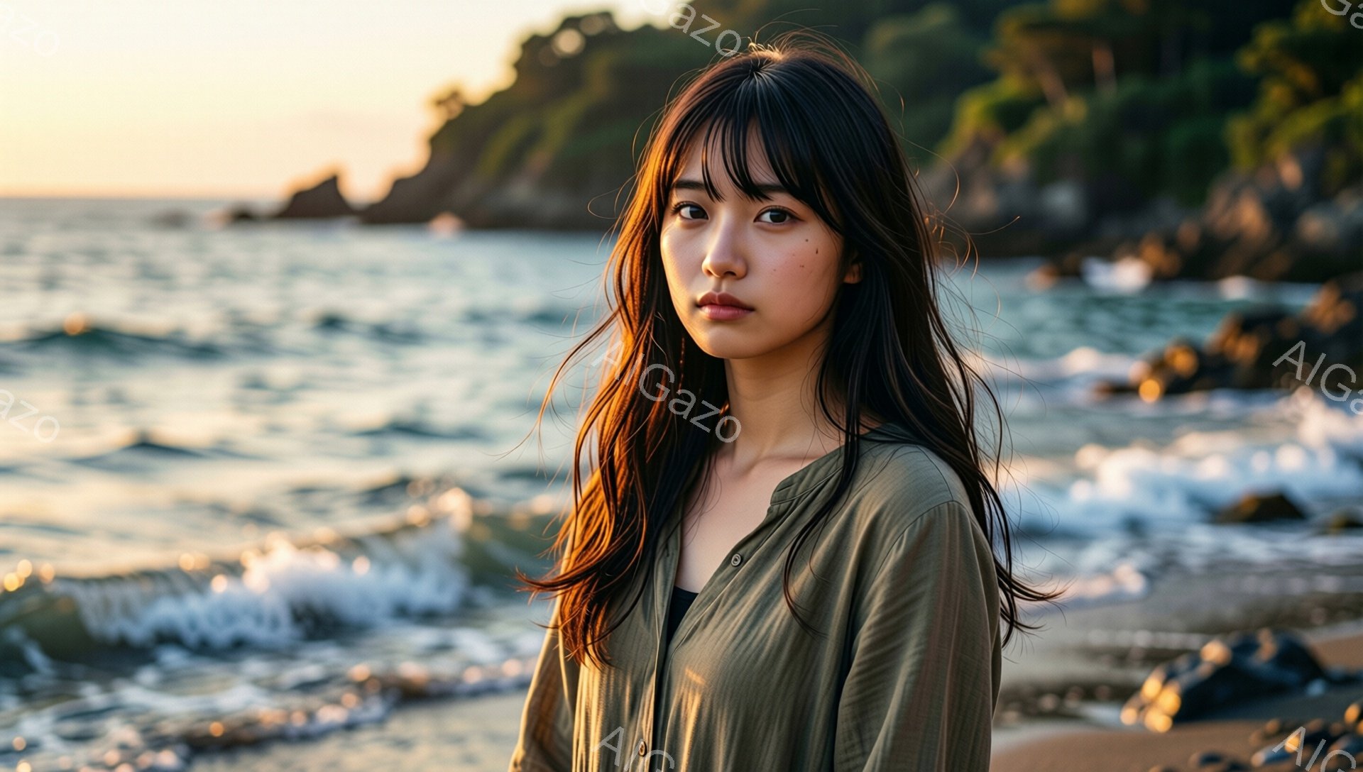 長い黒髪で、前髪が少し眉を隠すようにカットされた若い女性が写っている。オリーブ色のシャツのようなものを羽織っており、落ち着いた表情で正面を見つめている。背景には、穏やかな波が打ち寄せる砂浜と緑豊かな丘が見え、夕暮れ時の柔らかな光が全体を包み込んでいる。