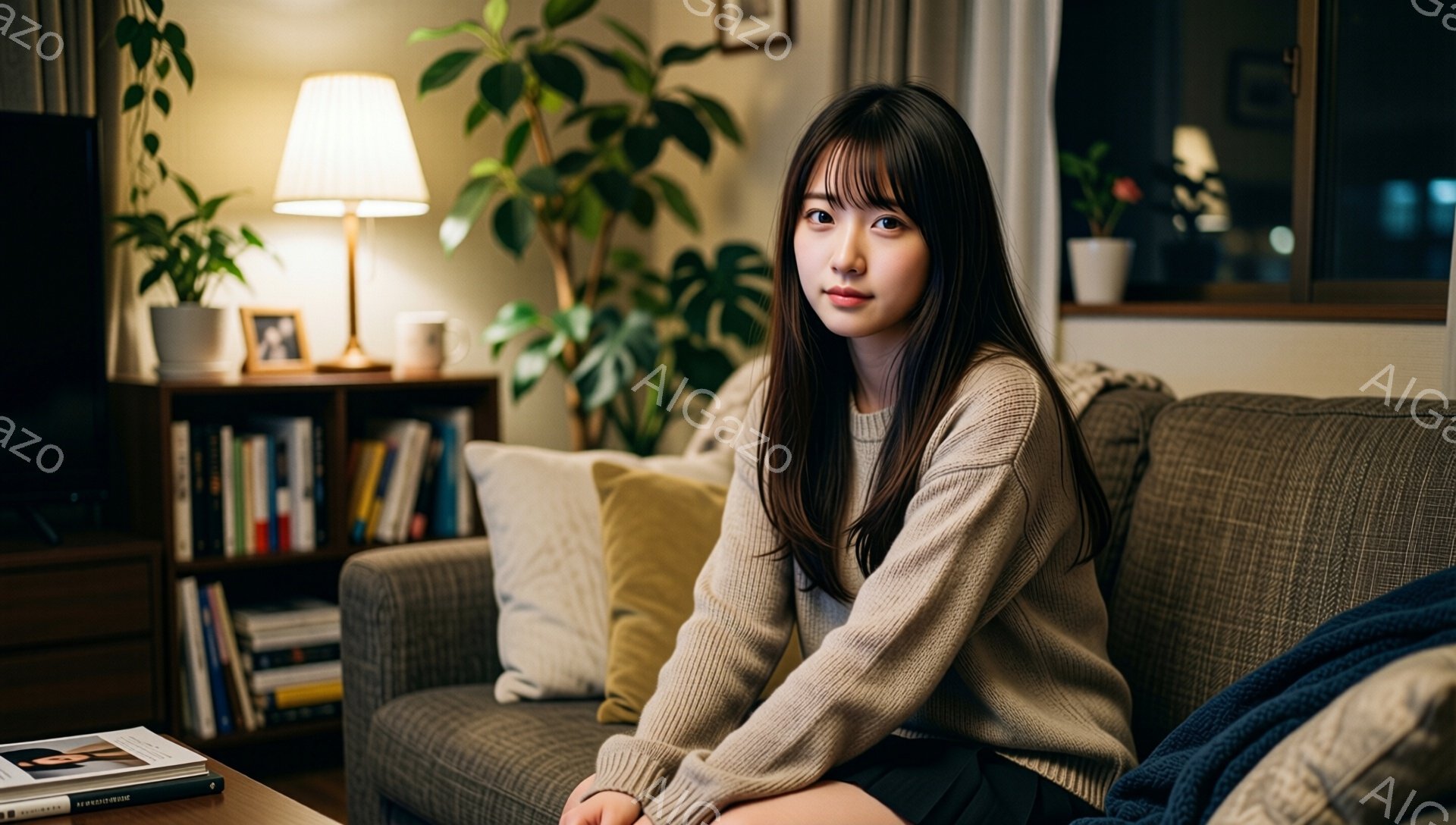 長い黒髪で前髪が目にかかる若い女性が、ベージュのニットを着てソファに座っている。彼女はわずかに微笑んでおり、リラックスした雰囲気で、背景には本棚と観葉植物、そして窓の外の夜景が見える。室内は暖かく、落ち着いた色調で統一されており、穏やかな夜の雰囲気が漂っている。