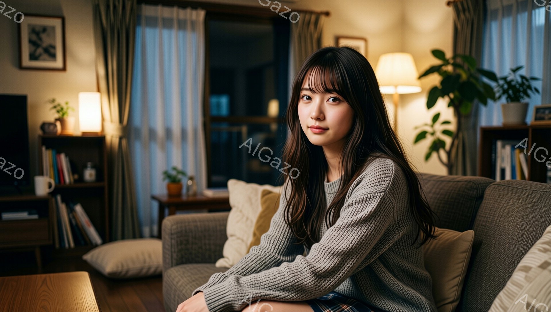 長い黒髪の女性が、グレーのニットセーターとチェック柄のスカートを着て、明るいリビングルームのソファに座っています。彼女はリラックスした姿勢で、わずかに微笑んでカメラを見ています。背景には、本棚、観葉植 - AI生成フリー素材