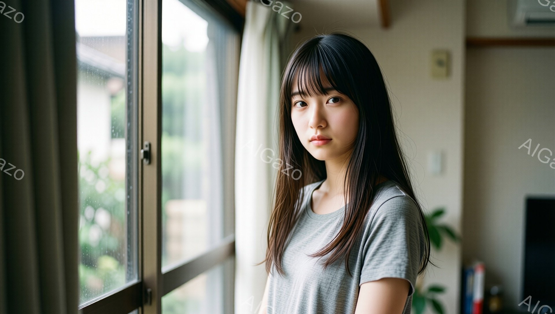 長い黒髪の女性が窓辺に立っており、前髪は眉毛にかかるようにカットされている。グレーのシンプルなTシャツを着ており、表情は穏やかで少し物憂げだ。窓の外には雨が降っており、背景には建物が見え、全体的に落ち着いた雰囲気である。