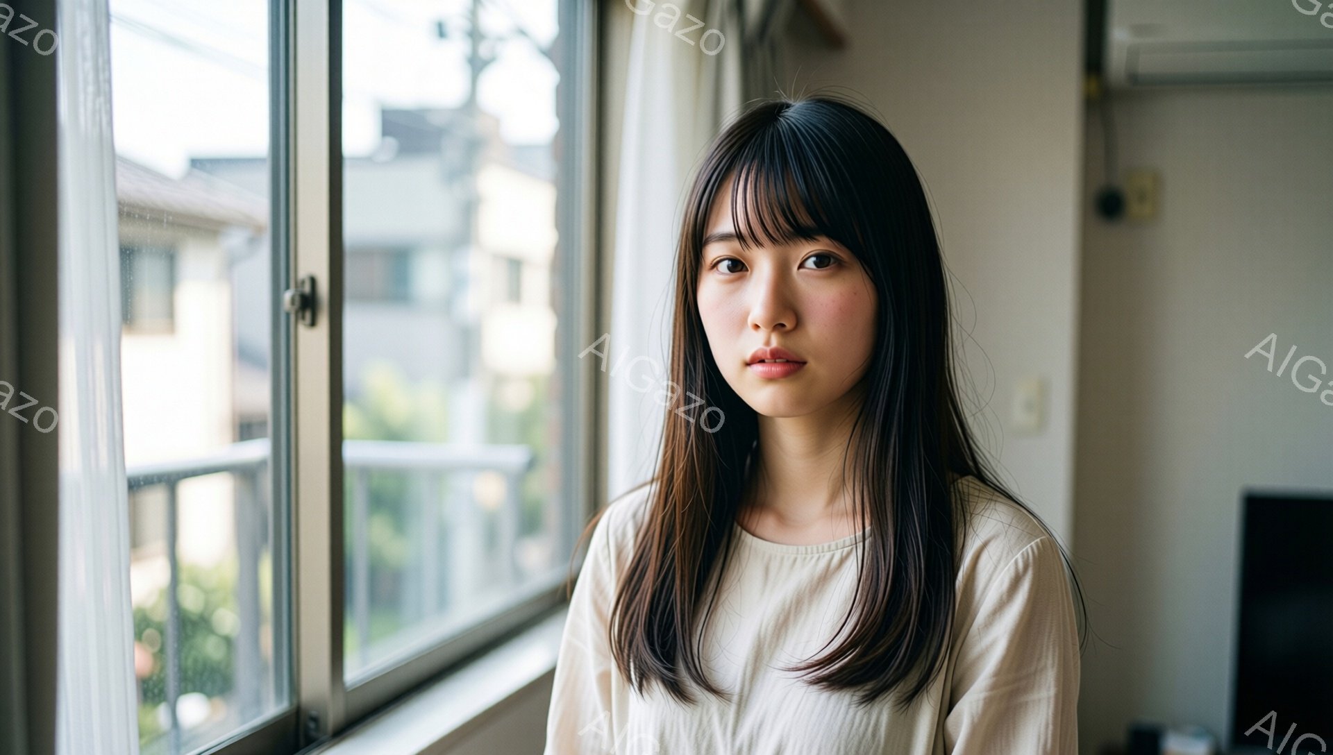 長い黒髪の女性が窓辺に立っています。彼女はオフホワイトのトップスを着ており、表情は穏やかで少し物憂げです。背景には建物が見え、窓の外は晴れた日のようです。 - AI生成フリー素材