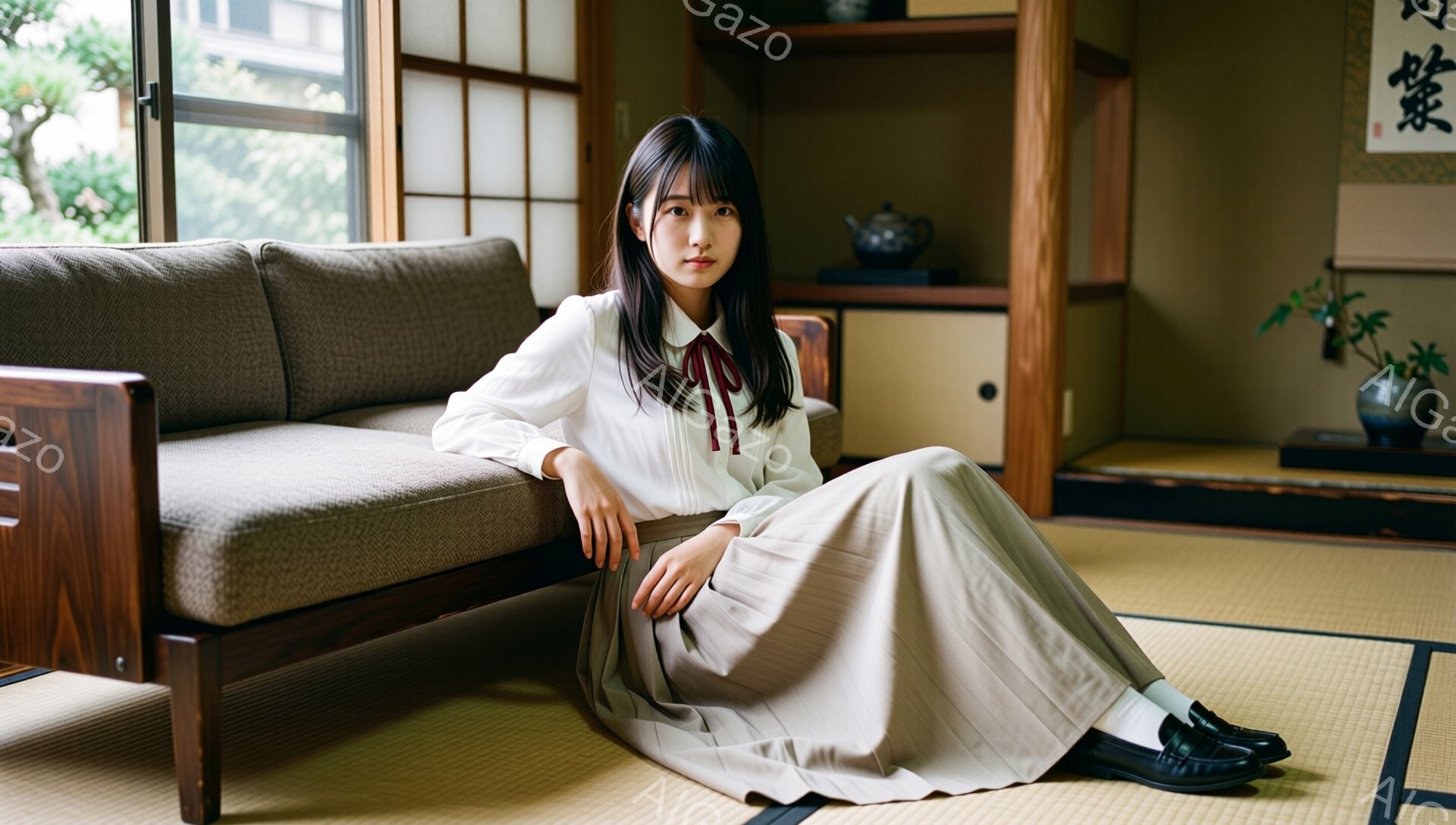 若い女性が畳の部屋で床に座って、木製のソファにもたれている。白いシャツに赤いリボン、ベージュのプリーツスカート、黒い靴を履き、長い黒髪はストレートに伸びている。彼女はカメラ目線で、穏やかな表情を浮かべており、背景には茶色の棚と植物が見え、全体的に落ち着いた和風の雰囲気が漂っている。
