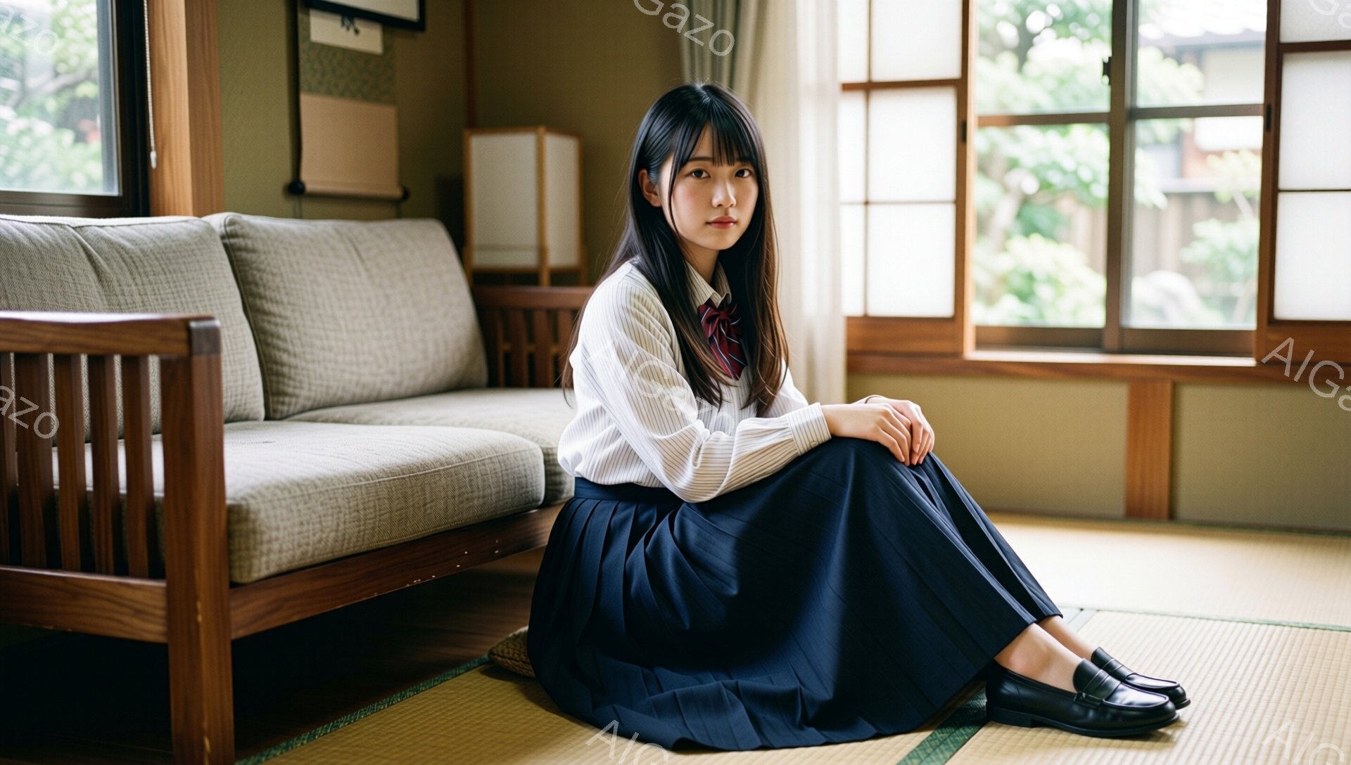 画像には、畳の上に座っている若い女性が写っています。彼女は白いシャツに濃い青色のプリーツスカート、そして黒いローファーを履いており、制服のような服装です。彼女は前を向き、少し憂いを帯びた表情で、控えめな微笑みを浮かべています。