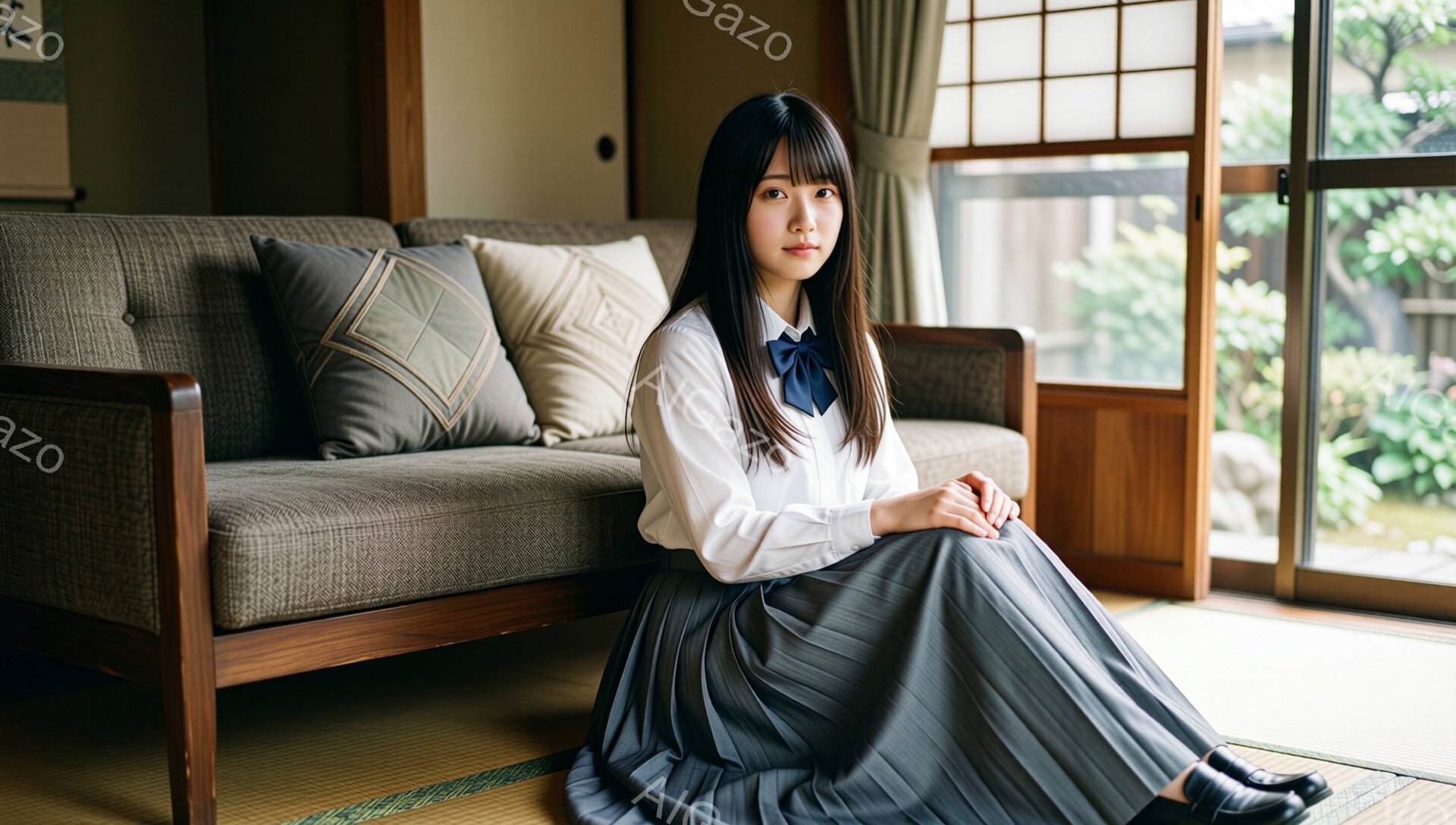 茶色の畳の上に座る若い女性が写っている。白いシャツにグレーのプリーツスカート、黒い靴を履いており、首には濃い青色のリボンがついたネクタイをしている。彼女は穏やかな表情でカメラを見つめ、両手を膝の上に重ねている。