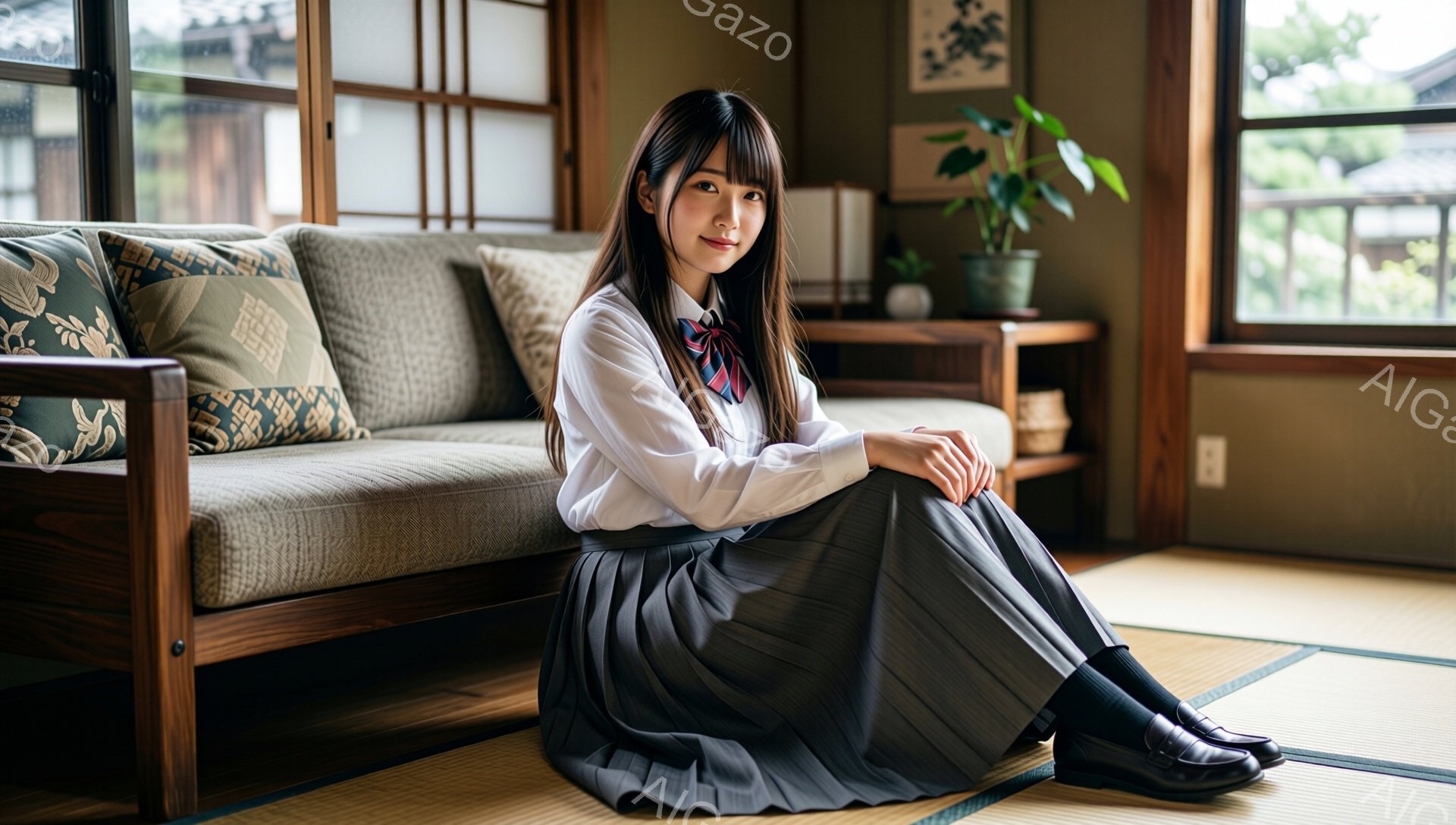 制服姿の若い女性が、畳の上に座っている写真です。白いシャツにグレーのプリーツスカート、黒い靴下と革靴を履き、首にはチェック柄のリボンを結んでいます。背景には木製のソファや植物、掛け軸が見え、日本の伝統的な家屋の一室のような温かい雰囲気です。
