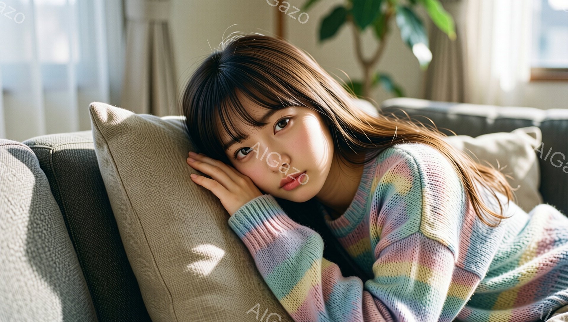 長い茶色の髪を持つ若い女性が、灰色のクッションにもたれて横たわっています。彼女はパステルカラーのストライプのセーターを着ており、リラックスした表情でカメラを見つめています。背景には植物と窓が見え、室内は明るく穏やかな雰囲気です。