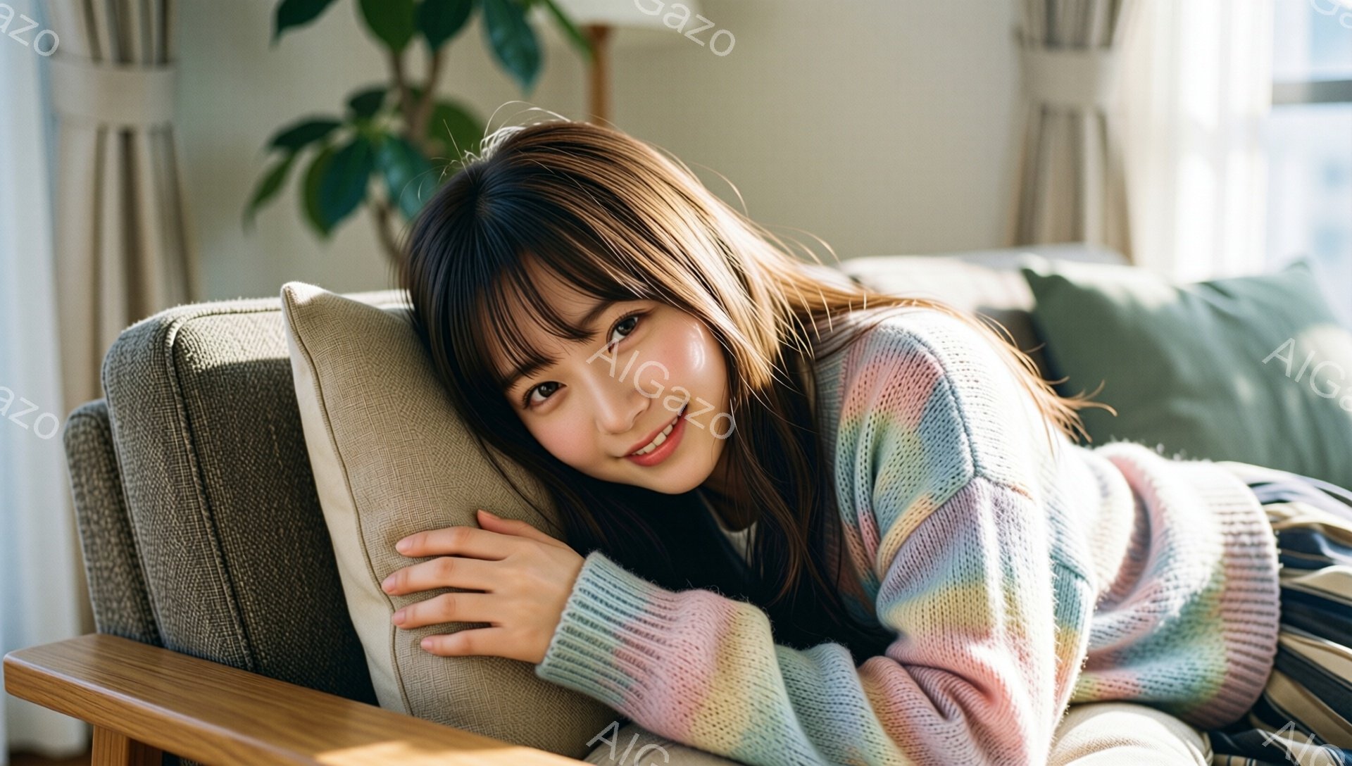 明るい色のストライプのセーターを着た若い女性が、ベージュ色のクッションにもたれて微笑んでいます。彼女は肩を丸め、腕を組んでリラックスした姿勢で、茶色の長い髪は肩にかかっています。背景には植物と窓が見え、室内は暖かく穏やかな雰囲気です。