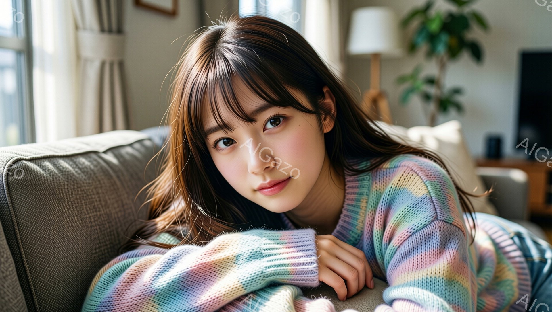 長い茶色の髪の女性が、カラフルなセーターを着てソファに横たわっています。彼女は微笑んでいて、リラックスした表情でカメラを見ています。背景には植物や照明器具が見え、室内は明るく暖かく、家庭的な雰囲気です。