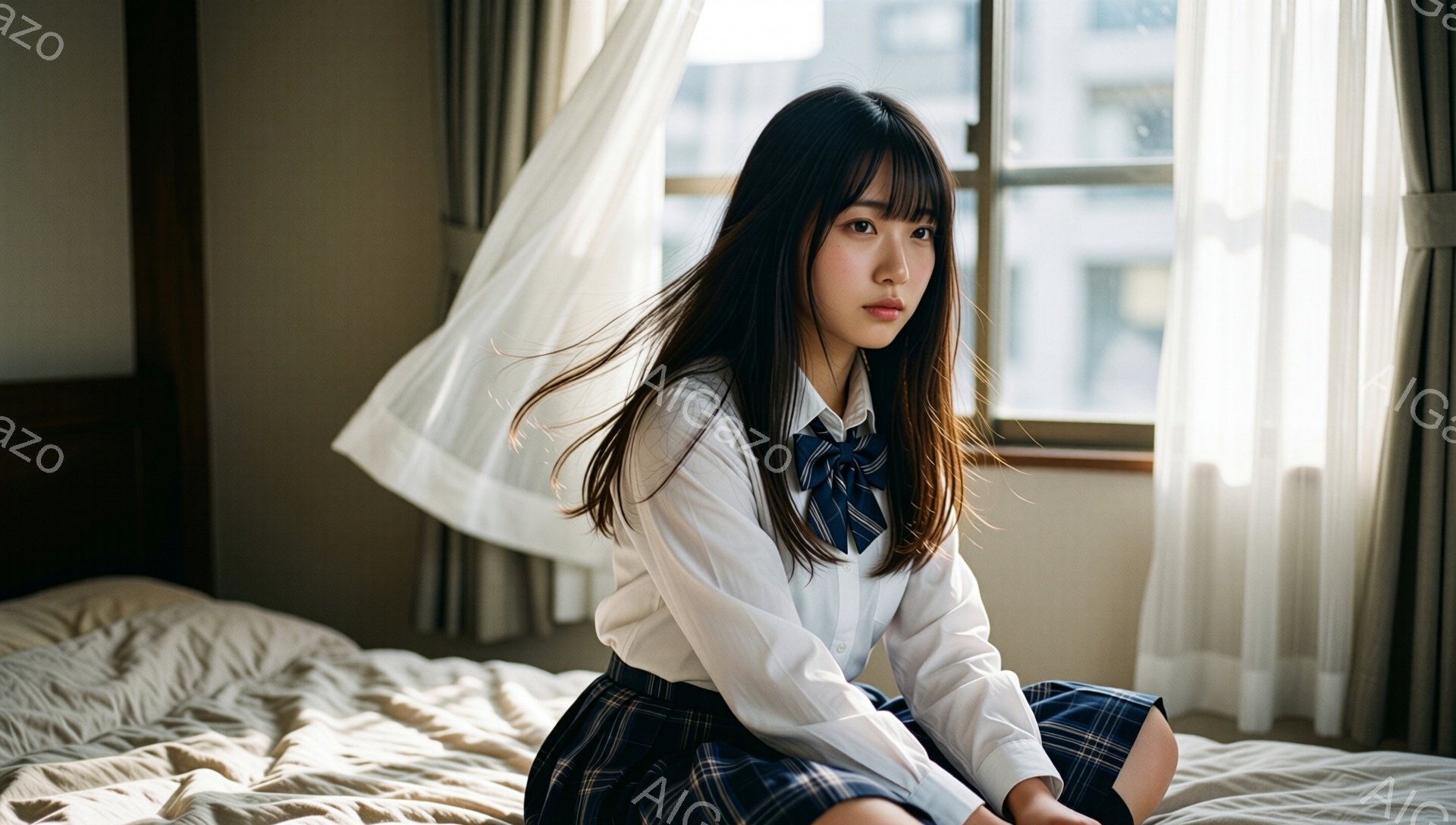 制服を着た若い女性がベッドに座っています。彼女は白いシャツにネクタイ、チェック柄のスカートを着用し、長い黒髪を肩にかけ、少し憂いを帯びた表情をしています。窓からは光が差し込み、薄いカーテンが風になびいており、室内には穏やかで少し寂しげな雰囲気が漂っています。