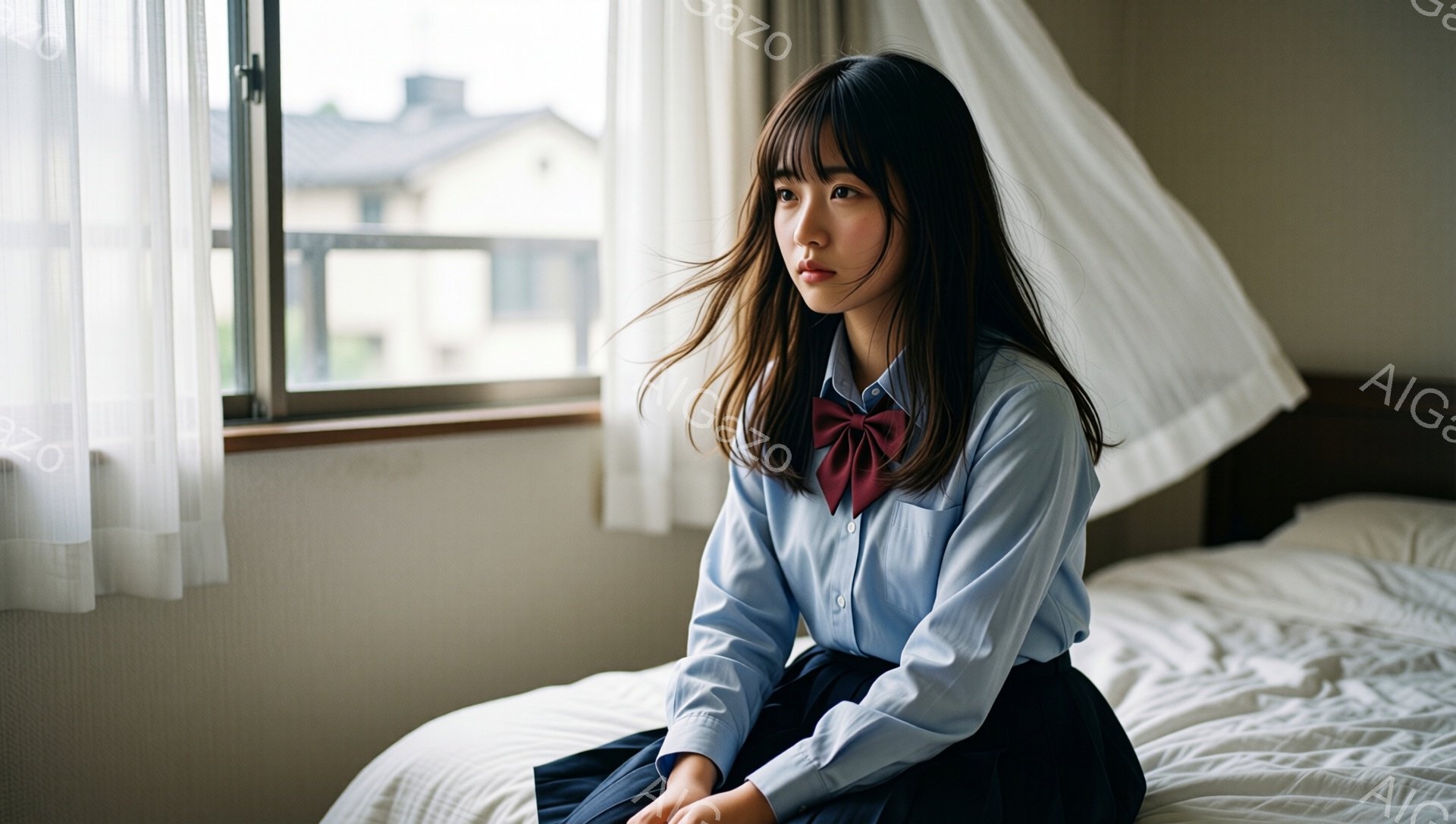 長い黒髪の少女が、窓のそばのベッドに座っている。水色のシャツに赤いリボンと濃い色のスカートを着ており、少し物憂げな表情をしている。背景には住宅街と、薄曇りの空が見え、全体的に静かで内省的な雰囲気が漂っている。