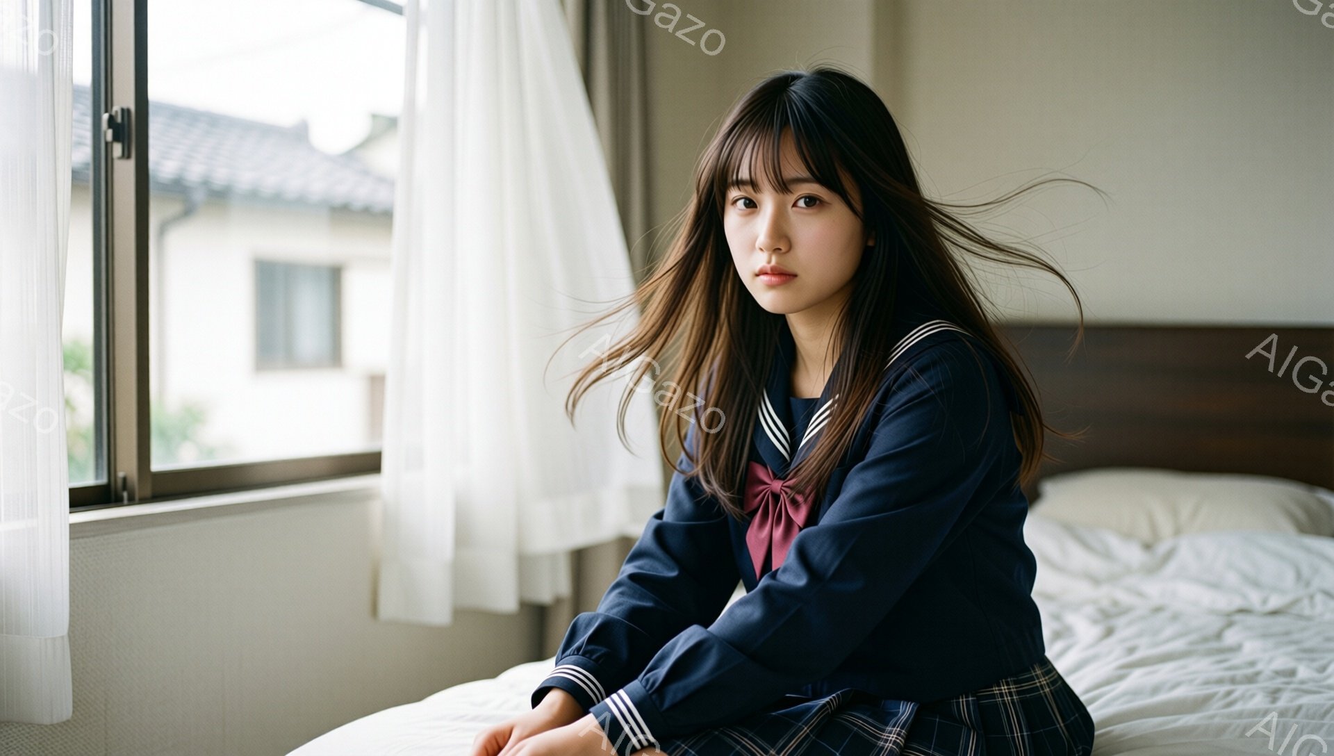長い黒髪をなびかせ、紺色のセーラー服を着た若い女性がベッドに座っています。彼女は少し憂いを帯びた表情で、正面を見つめています。背景には白いカーテンと窓越しに見える建物があり、全体的に静かで内省的な雰囲気が漂っています。