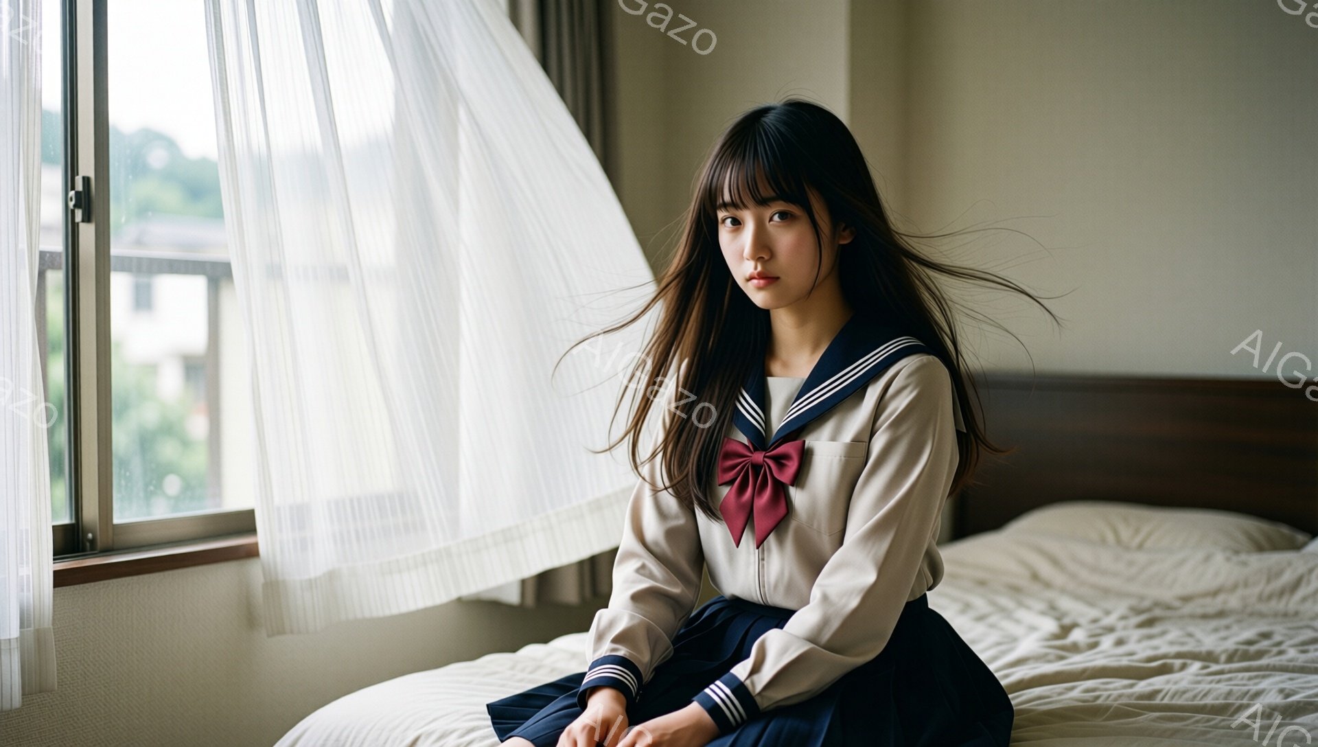 長い黒髪をなびかせ、セーラー服を着た若い女性がベッドに座っています。彼女は控えめな表情で、少し憂いを帯びた視線をカメラに向けています。背景には窓から雨の見える景色が広がり、柔らかい光が室内を包み込み、どこか寂しげな雰囲気を醸し出しています。
