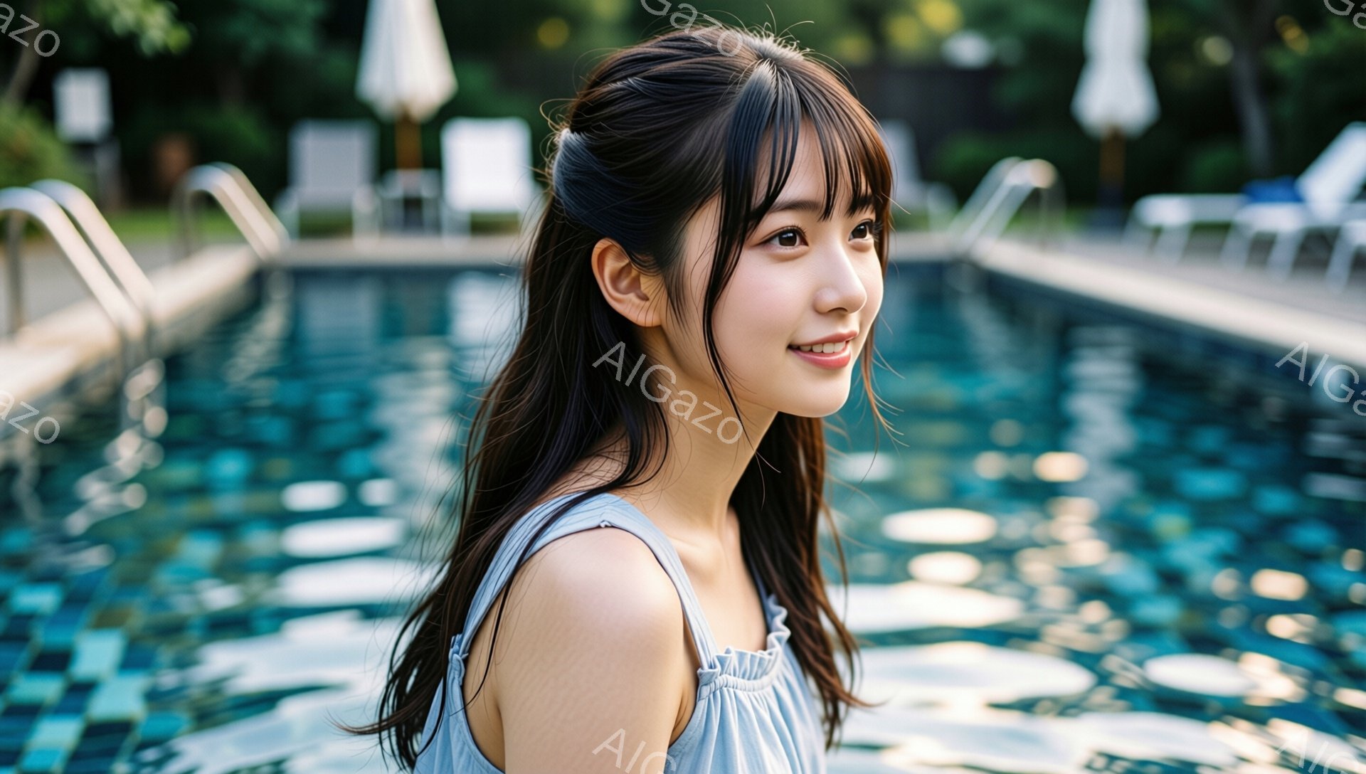長い黒髪を肩にかけた若い女性が、プールのそばで少し微笑んでいます。ライトグレーのキャミソールを着ており、リラックスした雰囲気です。背景には青いプールの水面と、白いパラソルや椅子が見え、晴れた日の穏やか - AI生成フリー素材