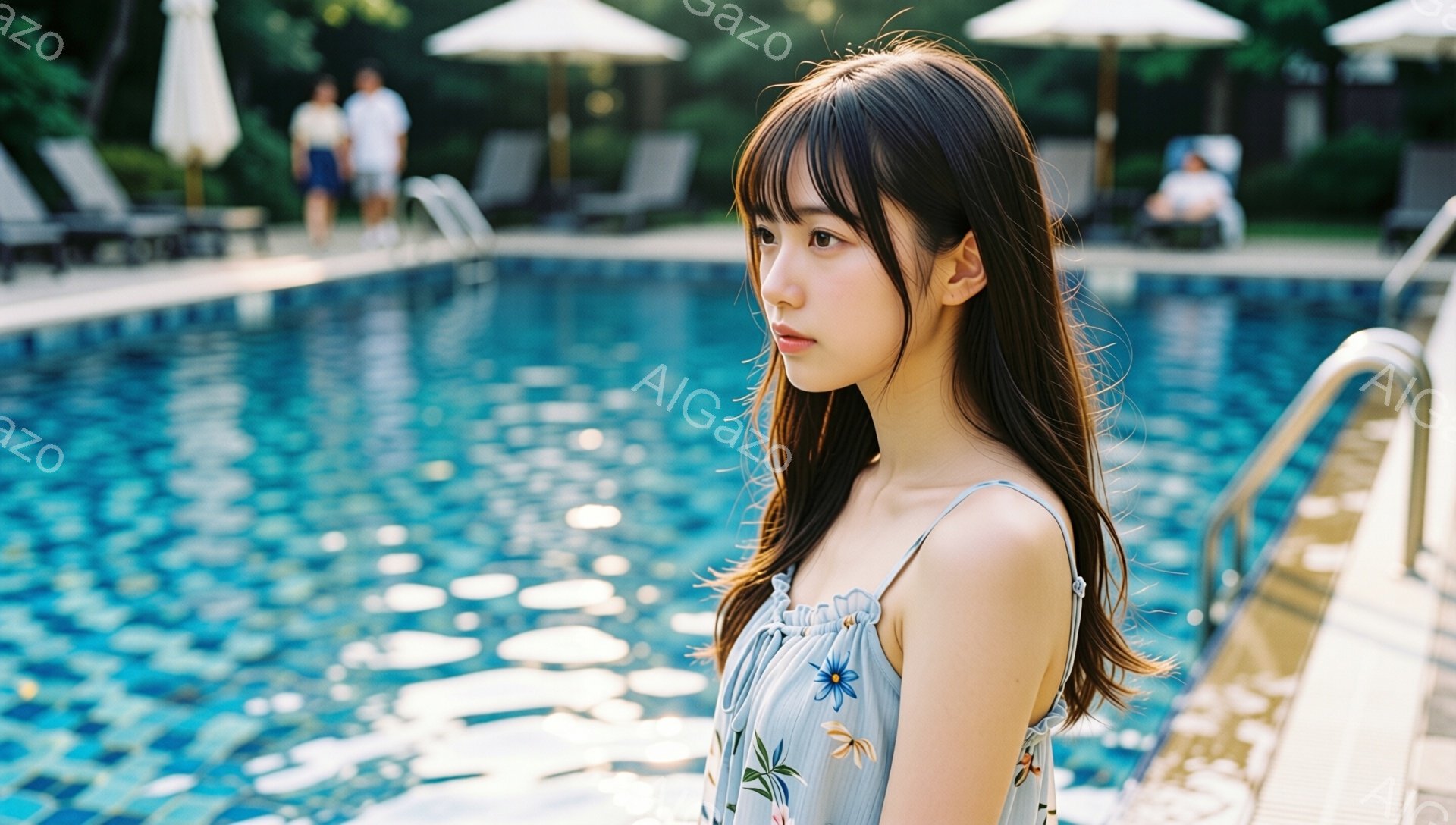 長い黒髪をサイドに流した若い女性が、水色の花柄のキャミソールワンピースを着て、プールの階段に片足を乗せている。彼女は少し物憂げな表情で遠くを見つめている。背景には、パラソルとリクライニングチェアが並び、青い水面がきらめき、穏やかな夏の日の雰囲気を醸し出している。