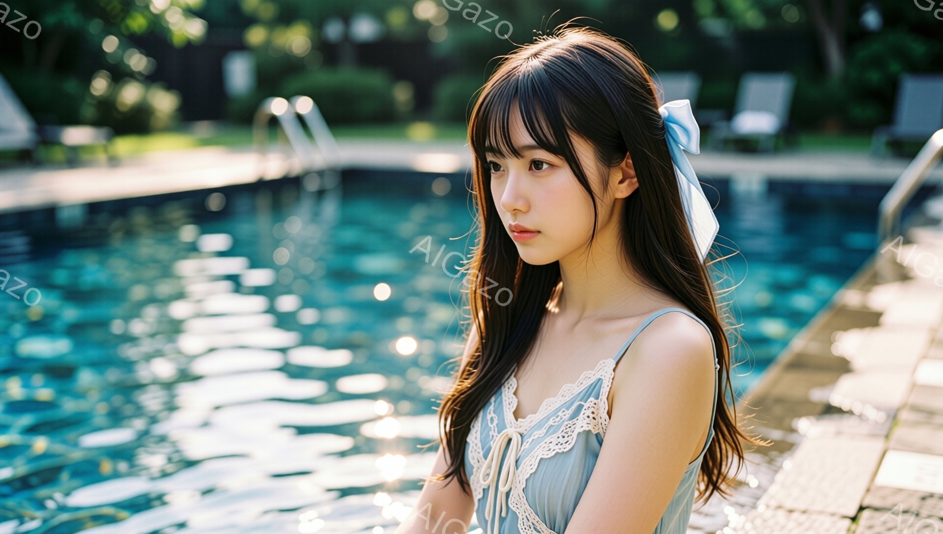 長い黒髪に水色のリボンをつけた若い女性が、縁にレースがあしらわれた水色のワンピースを着ています。彼女は少し憂いを帯びた表情で横を向き、水面に反射する光が彼女の顔を照らしています。背景にはプールの水と、 - AI生成フリー素材