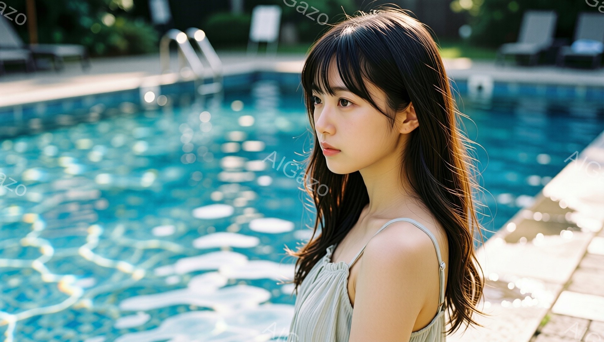 長いダークブラウンの髪の女性が、わずかに横を向いて微笑んでいます。オフショルダーの薄い緑色のトップスを着ており、水面の青い光が彼女を照らしています。背景には青いプールの水面と、ぼやけたプールサイドの景色が見え、穏やかでリラックスした雰囲気が漂っています。