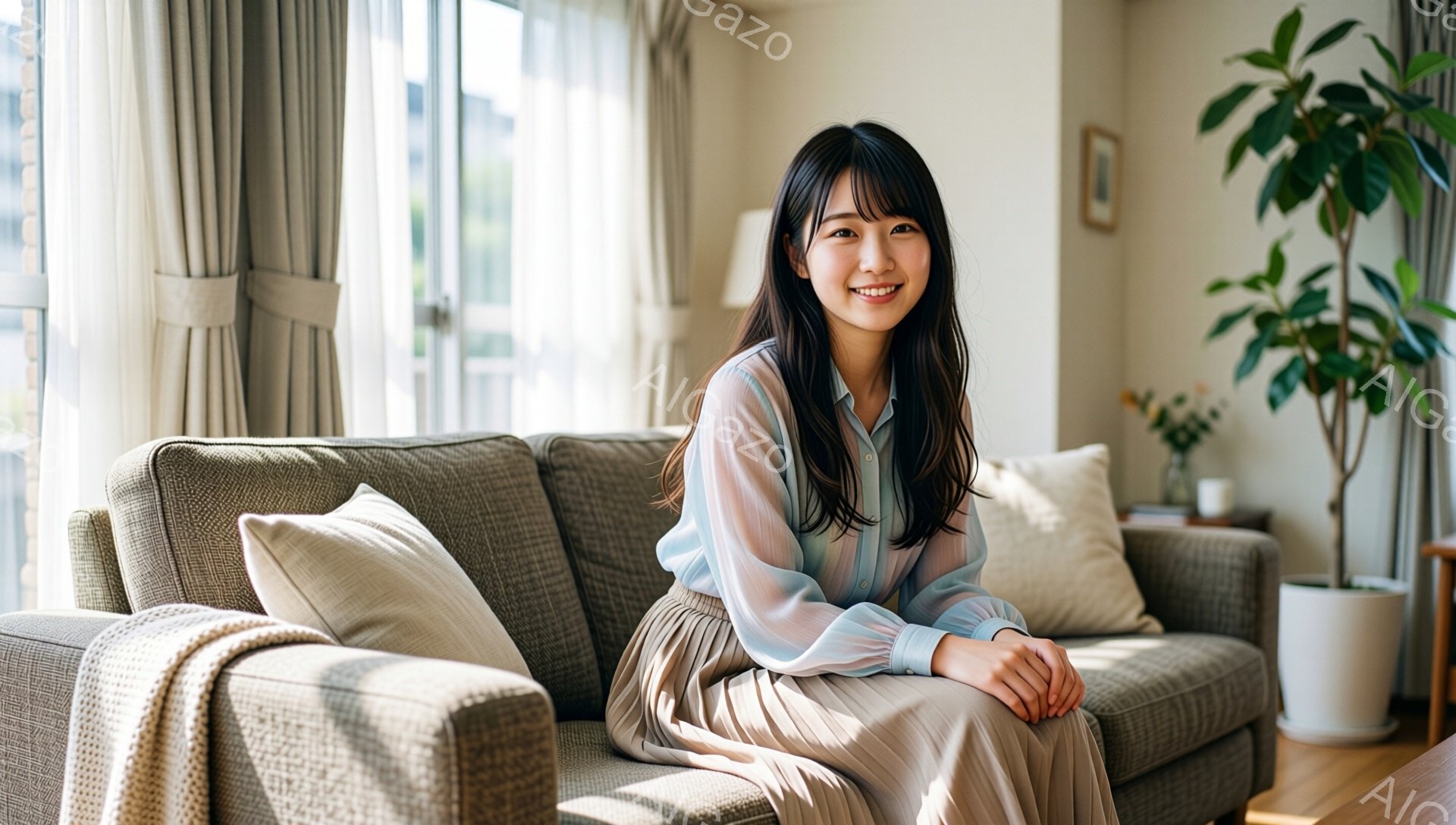 明るいリビングルームで、女性がソファに座って微笑んでいます。彼女は水色のシアーブラウスとベージュのプリーツスカートを着ており、長くダークブラウンの髪は肩にかかっています。背景には窓からの自然光、白いカーテン、観葉植物が見え、全体的に穏やかでリラックスした雰囲気が漂っています。