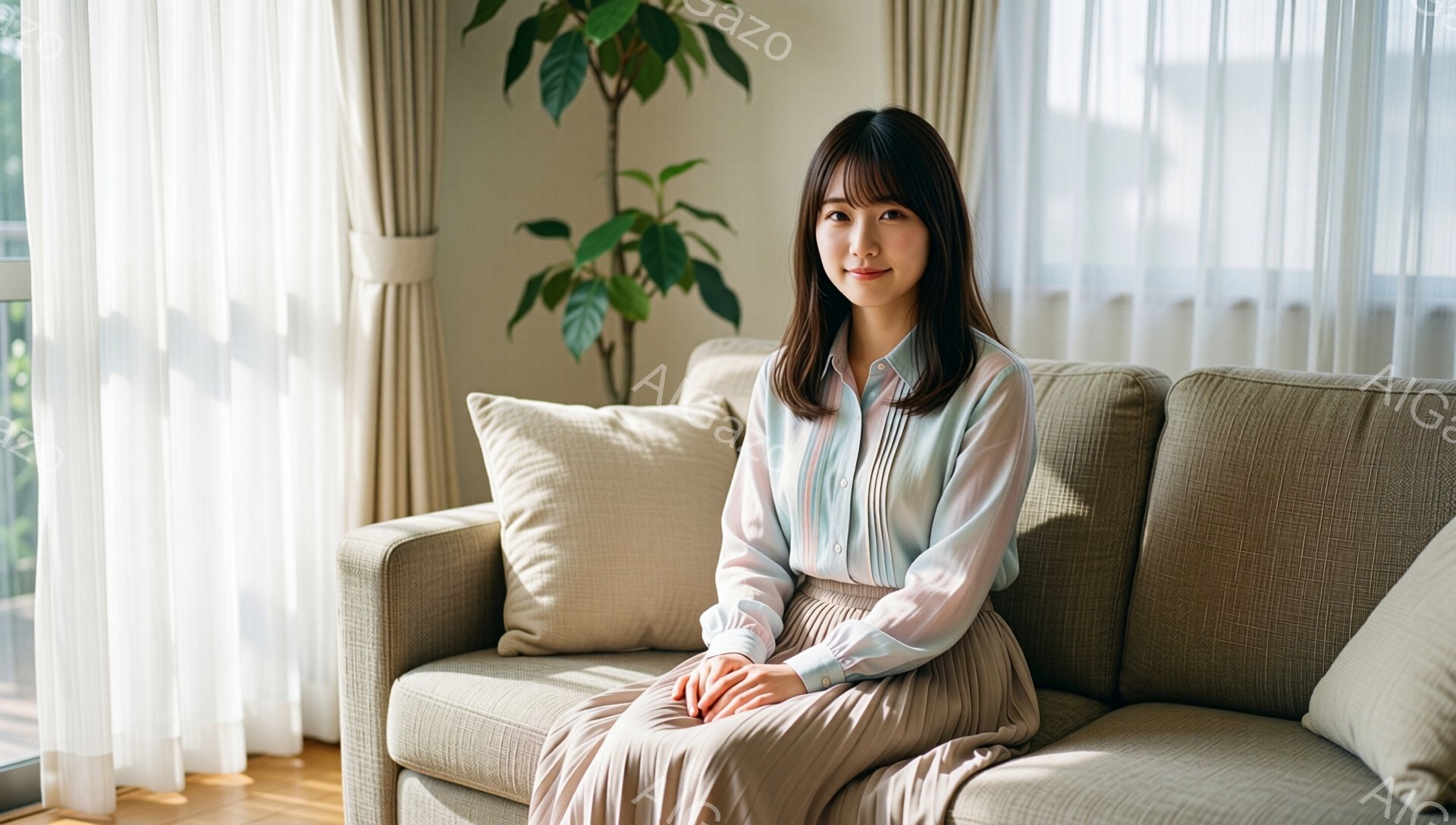 若い女性がベージュ色のソファーに座っており、淡いピンクと水色のストライプのブラウスと、明るい茶色のプリーツスカートを着用しています。彼女は軽く微笑み、髪は肩の長さでストレートです。背景には白いカーテンと、緑の葉を持つ植物があり、室内は明るく穏やかな雰囲気です。
