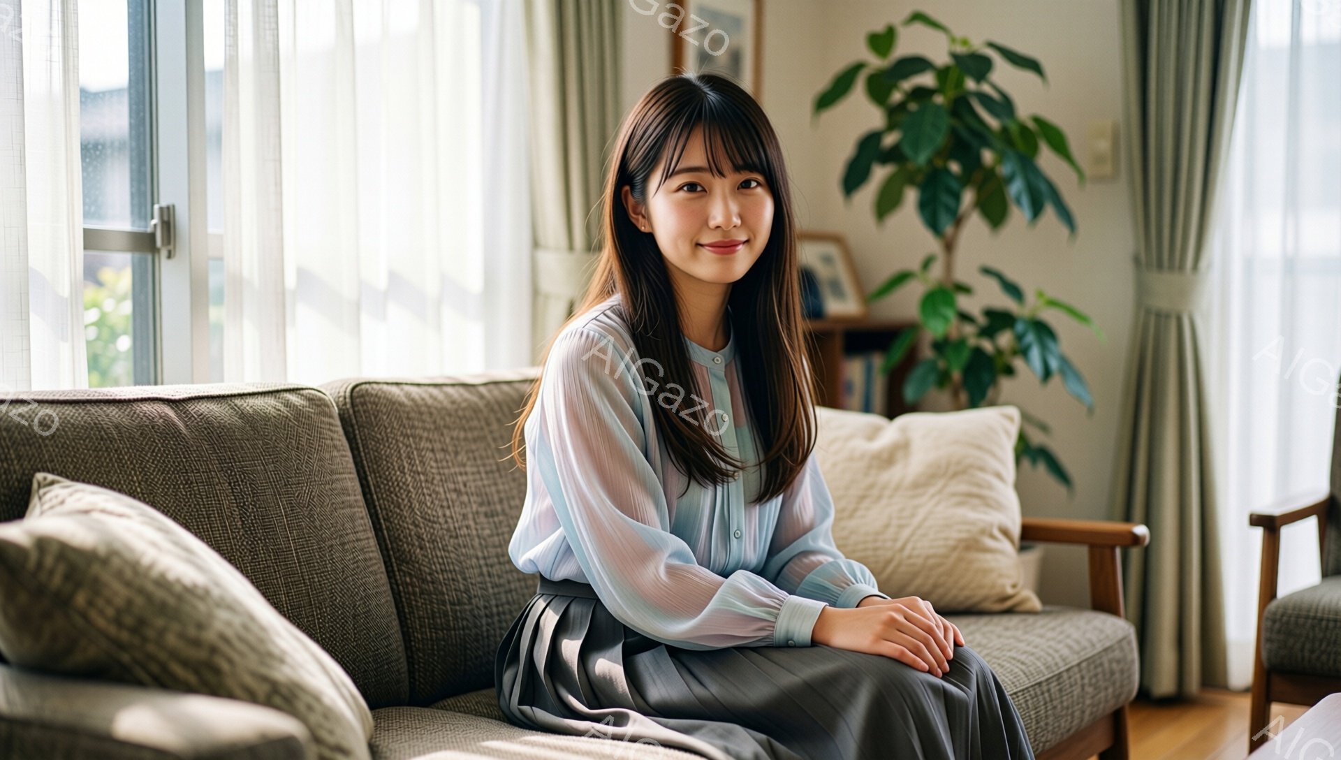 明るいリビングルームのソファに座っている若い女性が写っています。彼女は水色の透け感のあるブラウスとグレーのスカートを着ており、長くストレートな黒髪で、穏やかな笑顔を浮かべています。背景には窓から差し込 - AI生成フリー素材