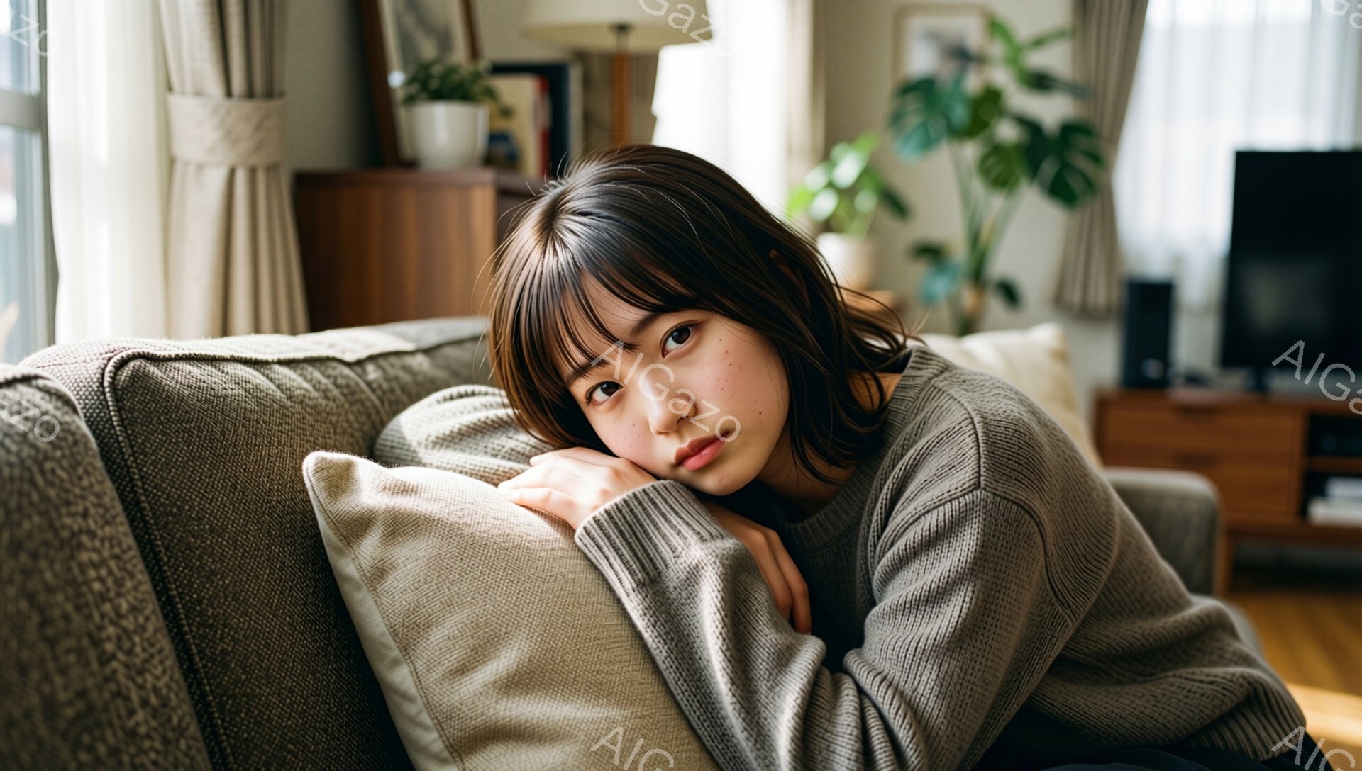 暖色系のソファに、茶髪の若い女性が肘をついて横たわっています。彼女はベージュ色のセーターを着ており、前髪が少し長めのゆるやかなヘアスタイルです。背景には木製のキャビネットや植物が見え、窓から差し込む光が部屋全体を柔らかく照らしており、リラックスした穏やかな雰囲気が漂います。