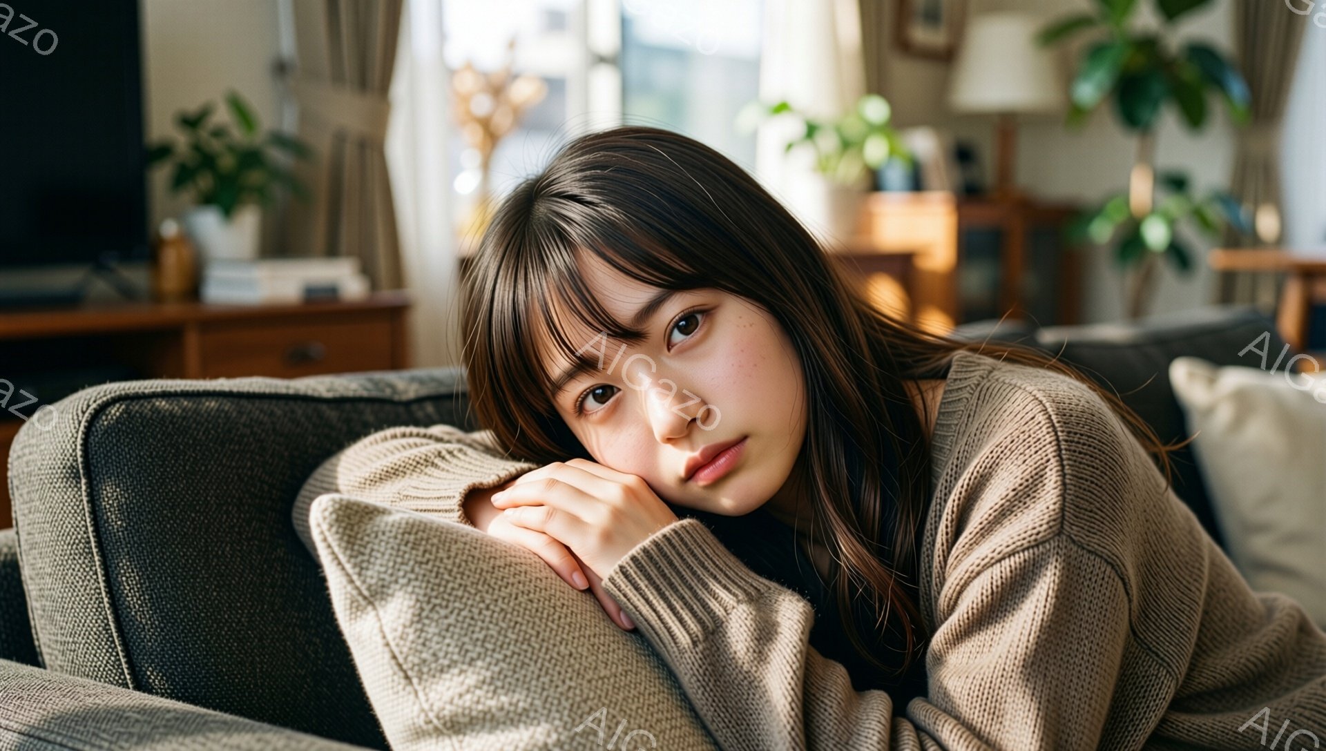 彼女は茶色のセーターを着て、ソファのクッションの上に腕を置き、リラックスした姿勢で横たわっています。長いダークブラウンの髪は肩にかかり、表情は穏やかで少し物憂げです。背景には木製の家具や植物が見え、窓から差し込む光で部屋全体が温かい雰囲気になっています。