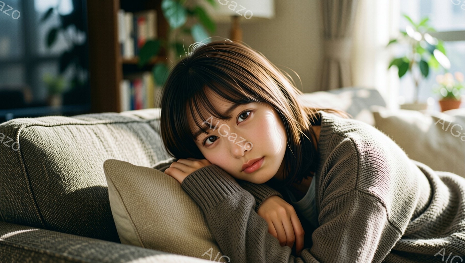 明るいリビングで、茶髪の若い女性がソファに肘をついて座っている。彼女はグレーのニットを着ており、少し憂いのある表情でカメラを見つめている。背後には本棚や植物が見え、温かく穏やかな雰囲気が漂っている。 - AI生成フリー素材
