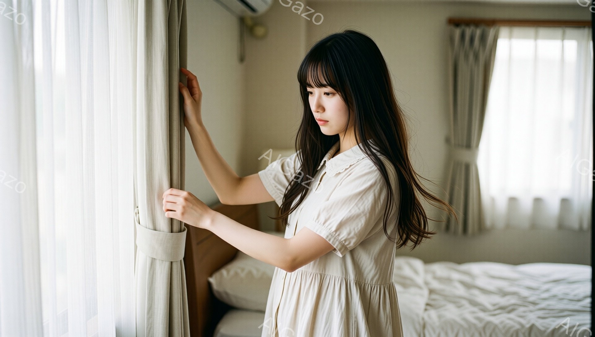 長い黒髪で、前髪が少し眉にかかっている女性が、薄いベージュ色のゆったりとしたワンピースを着ています。彼女は窓辺に立ち、白いカーテンをつかみ、少し物憂げな表情で外を見つめています。背景にはベッドがぼんや - AI生成フリー素材