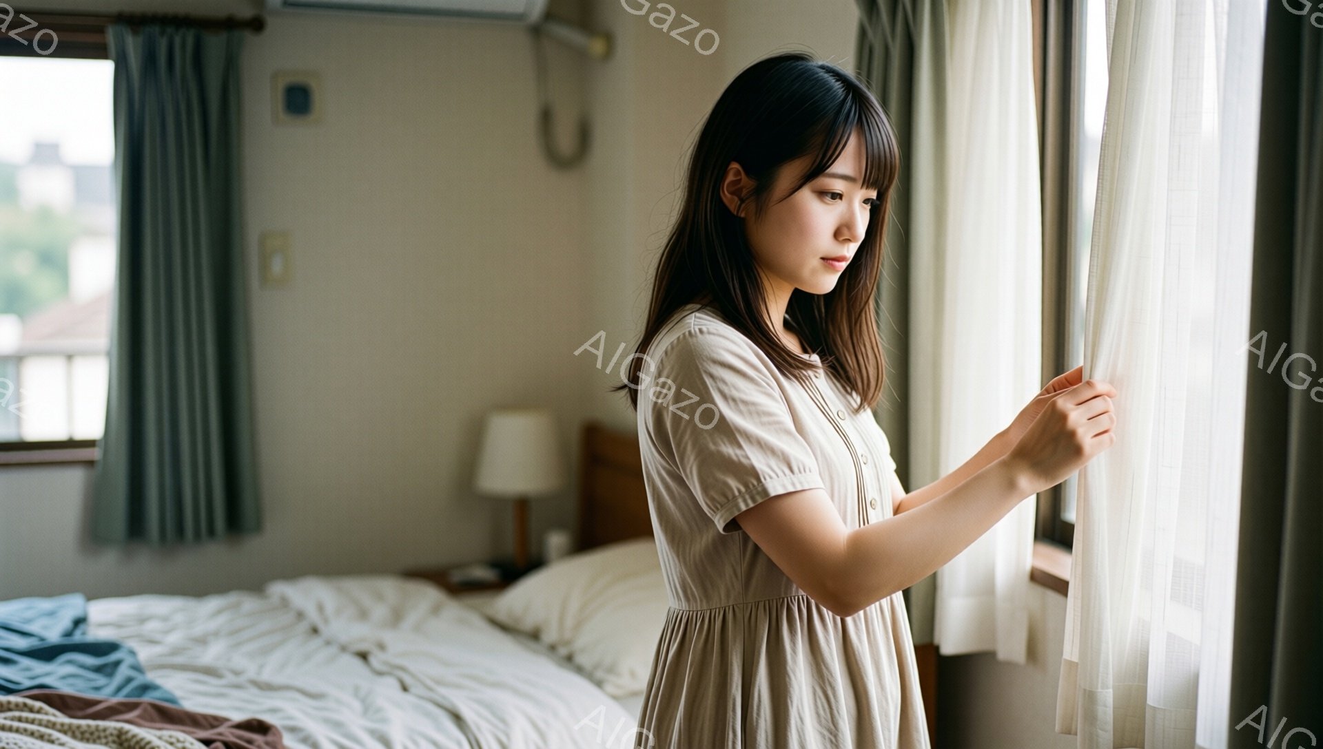 若い女性が窓辺に立って、白いレースのカーテンを掴んでいる。ベージュ色のワンピースを着ており、肩まで伸びたダークブラウンの髪は自然に垂れ下がっている。室内は明るく、ベッドが背景に見え、穏やかで優しい雰囲 - AI生成フリー素材