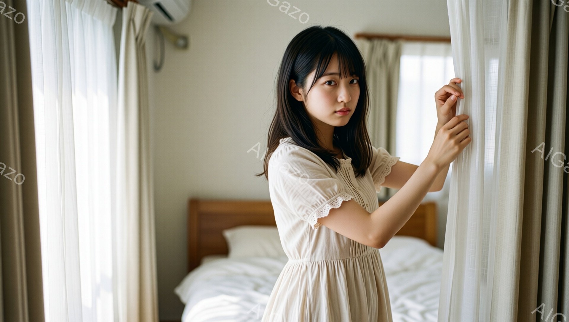 長い黒髪をセンターパートにした若い女性が、薄いベージュ色のレース付きのワンピースを着ています。彼女は片手をカーテンにつけ、少し内側を覗き込むような姿勢で、わずかに眉をひそめて何かを考えているような表情をしています。背景には、ベッドと窓から差し込む柔らかい光があり、全体的に穏やかで内省的な雰囲気が漂っています。