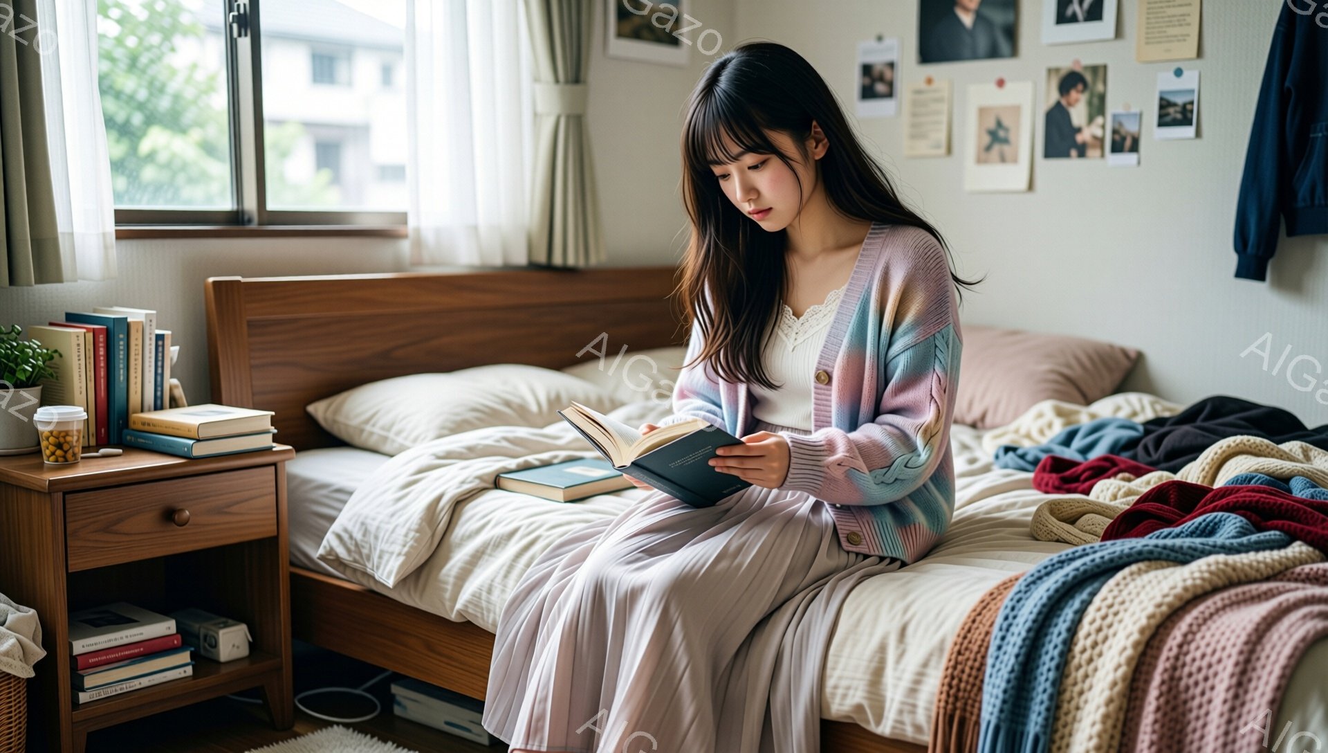 部屋のベッドに座って本を読む若い女性が写っています。彼女はパステルカラーのカーディガンと薄いピンクのドレスを着ており、長い黒髪はゆるく肩にかかっています。ベッドの横には本棚があり、壁には写真が飾られ、 - AI生成フリー素材