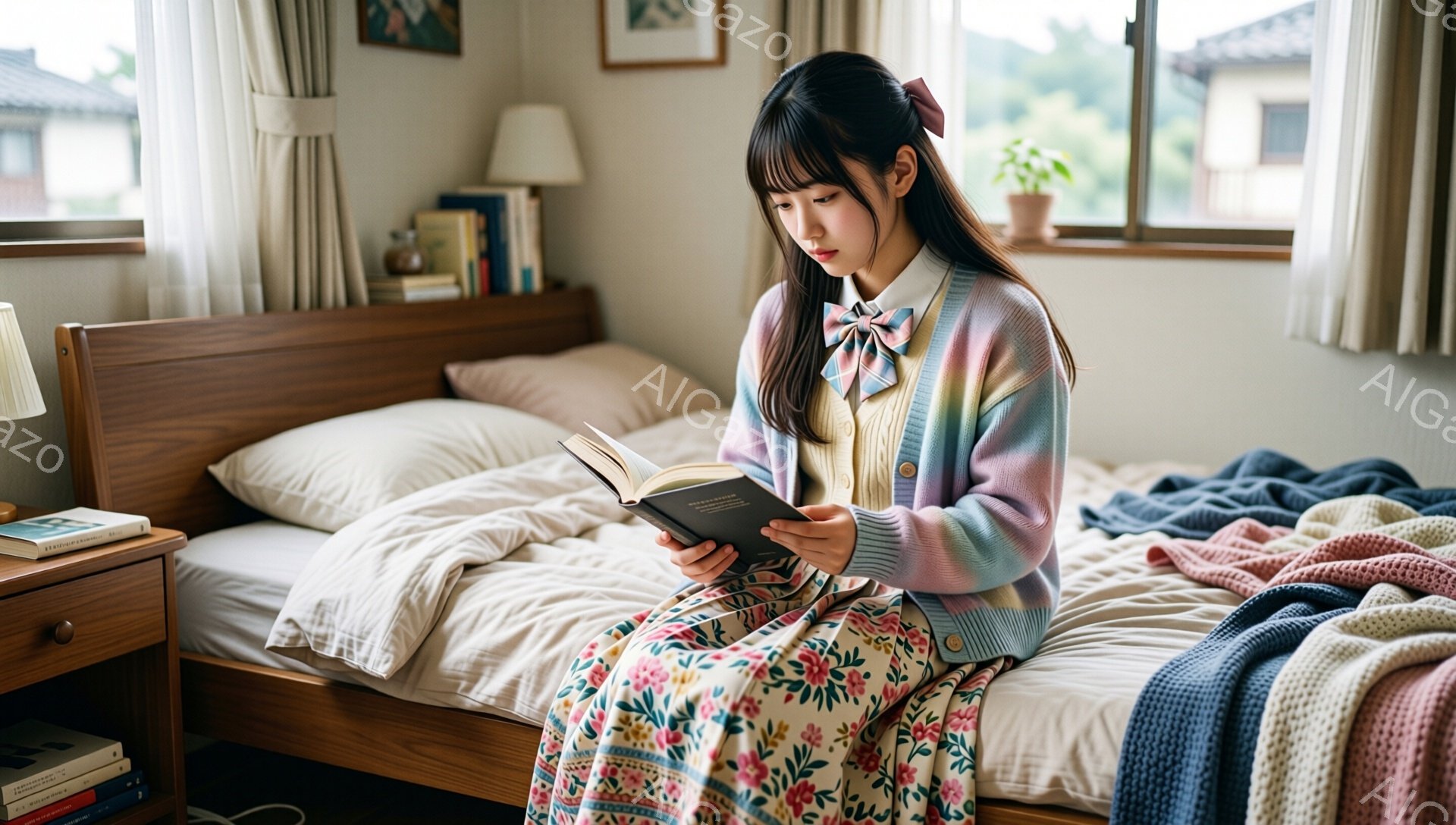 若い女性がベッドに座って本を読んでいます。彼女はパステルカラーのカーディガンに花柄のスカート、白いブラウスにリボンタイをしており、髪は後ろで一つにまとめられています。窓からは緑豊かな風景が見え、部屋全体が穏やかで温かい雰囲気です。