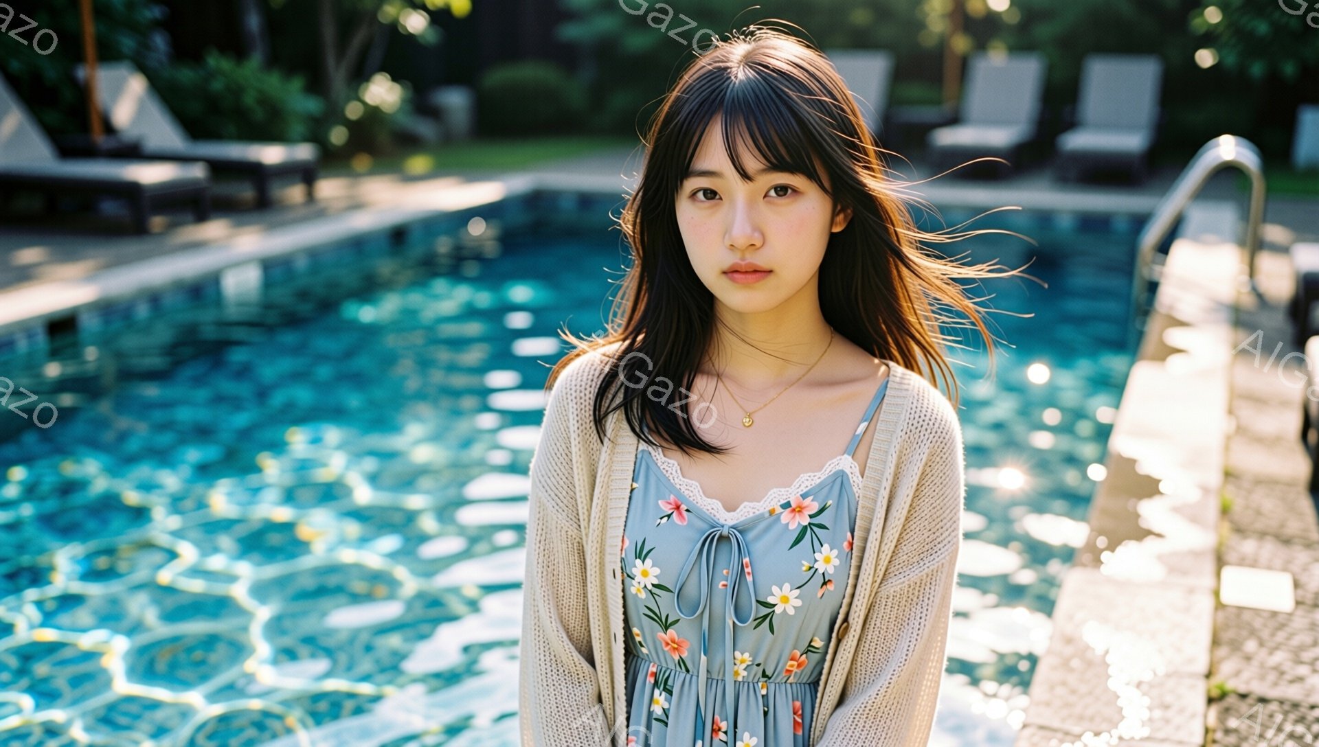 長い黒髪に前髪ぱっつんの女性が、水色の花柄のワンピースにベージュのカーディガンを羽織って立っています。表情は穏やかで、ネックレスを身につけています。背景には青いプールの水面と、遠くに見えるリゾートの椅 - AI生成フリー素材