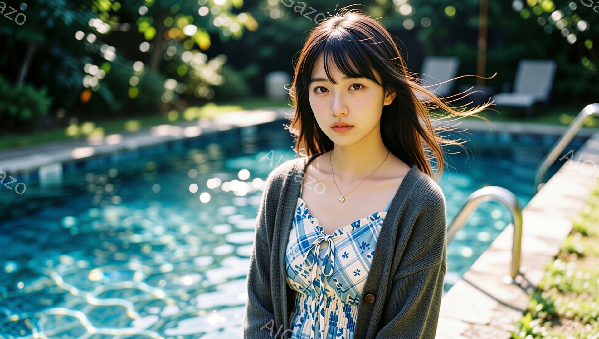 彼女は青い花柄のワンピースに、ダークグレーのカーディガンを羽織っています。長い髪は風になびき、少し微笑んだ表情でこちらを見ています。背景にはプールの水面が輝き、緑豊かな自然と明るい日差しが穏やかな雰囲 - AI生成フリー素材