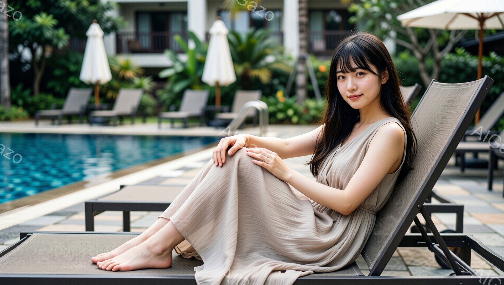 長い黒髪で、前髪を分けている女性が、ベージュ色のゆったりとしたワンピースを着て、プールサイドのデッキチェアに座っています。彼女は微笑んでおり、リラックスした様子で足を組んでいます。背景には、青いプール、パラソル、緑豊かな植物が見え、晴れた日の穏やかな雰囲気が漂っています。