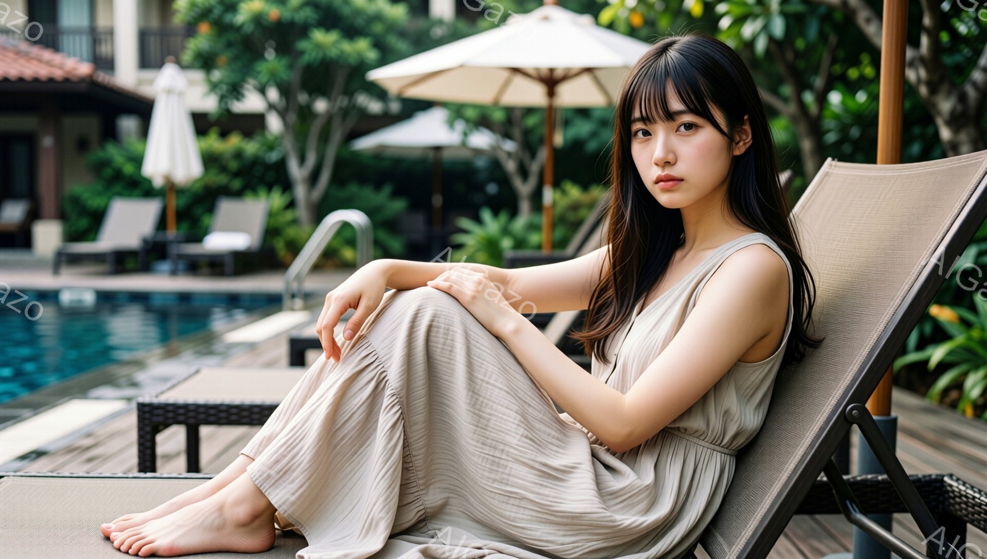長い黒髪で前髪を作った若い女性が、プールサイドのデッキチェアに座っています。ベージュ色のゆったりとしたワンピースを着て、素足でリラックスした様子です。背景には青いプール、白いパラソル、緑豊かな植物が見 - AI生成フリー素材