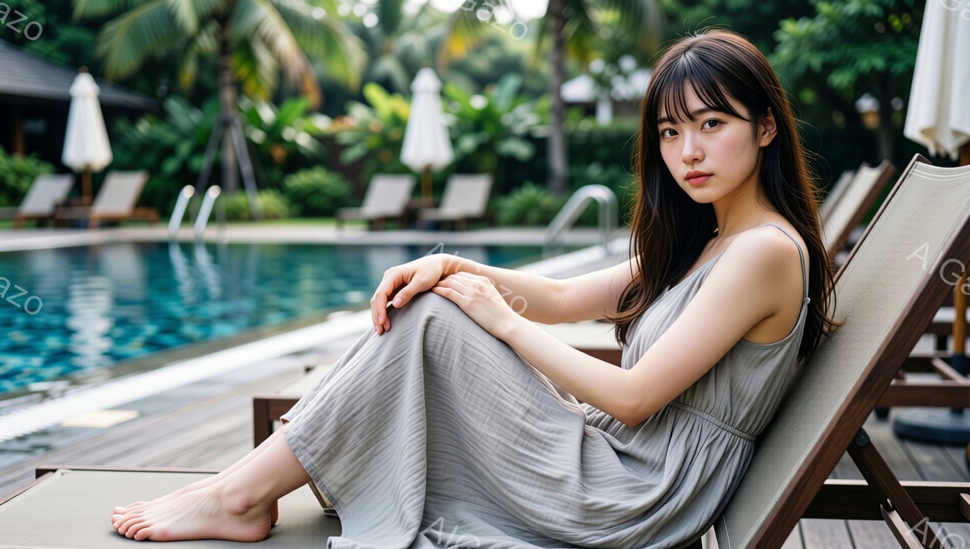 長い黒髪をセンターパートにした若い女性が、プールサイドのデッキチェアに座っています。灰色のキャミソールワンピースを着て、素足でリラックスした様子です。背景には青いプール、緑豊かな植物、そして白の日傘が並び、穏やかで夏の雰囲気を感じさせます。
