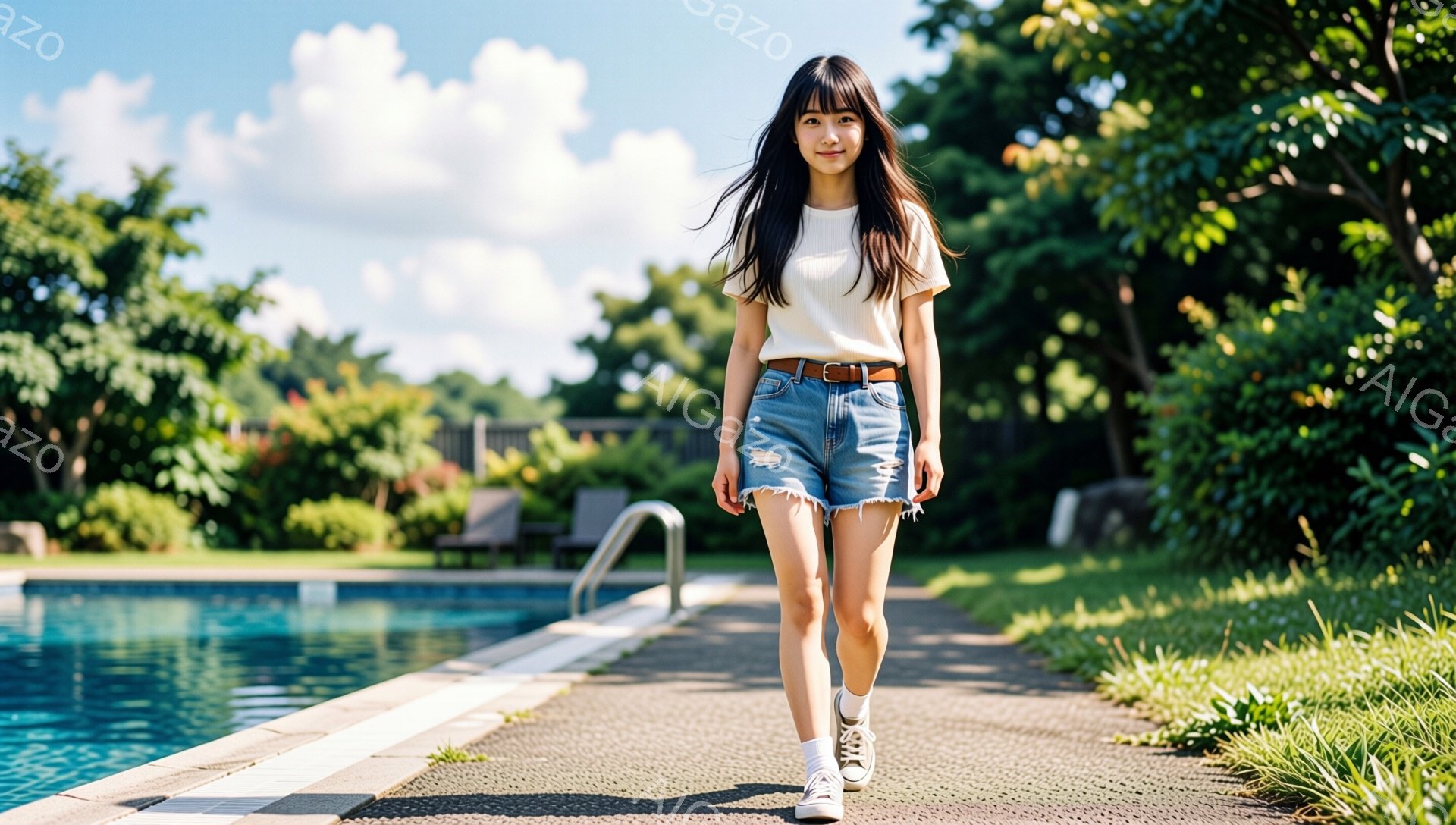 長い黒髪をセンターパートにした女性が、プールサイドの道を歩いている。白いTシャツに、ダメージ加工のデニムショートパンツ、白いソックスとスニーカーを履いており、カジュアルな装いである。背景には青いプール、緑豊かな植物、そして晴天の空が広がり、リラックスした雰囲気を感じさせる。