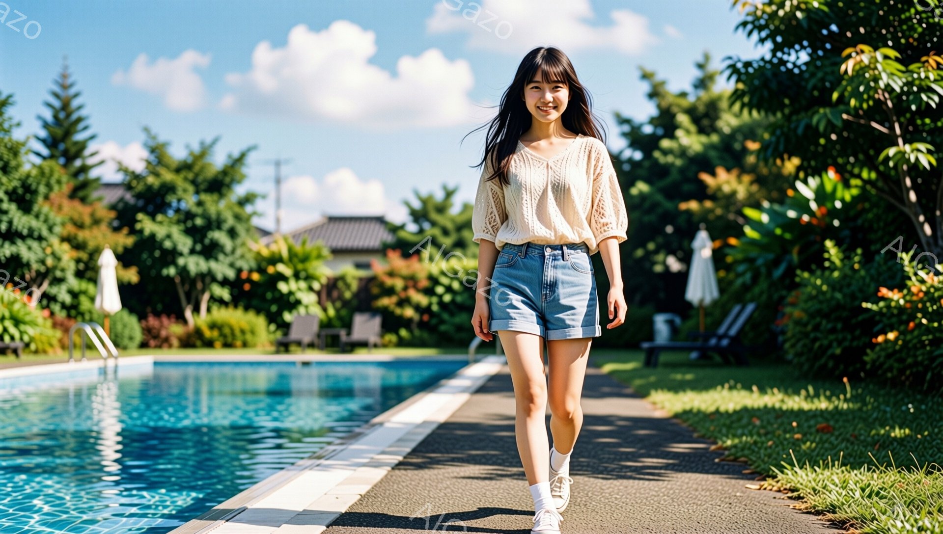 長い黒髪をなびかせ、ベージュのレーストップスとデニムショートパンツを身につけた女性が、プールサイドの小道を歩いています。彼女は少し微笑み、リラックスした表情で、白いスニーカーを履いて軽快に歩いています。背景には青いプールの水面、緑豊かな木々、そして晴天の空が広がり、穏やかで開放的な雰囲気が漂っています。