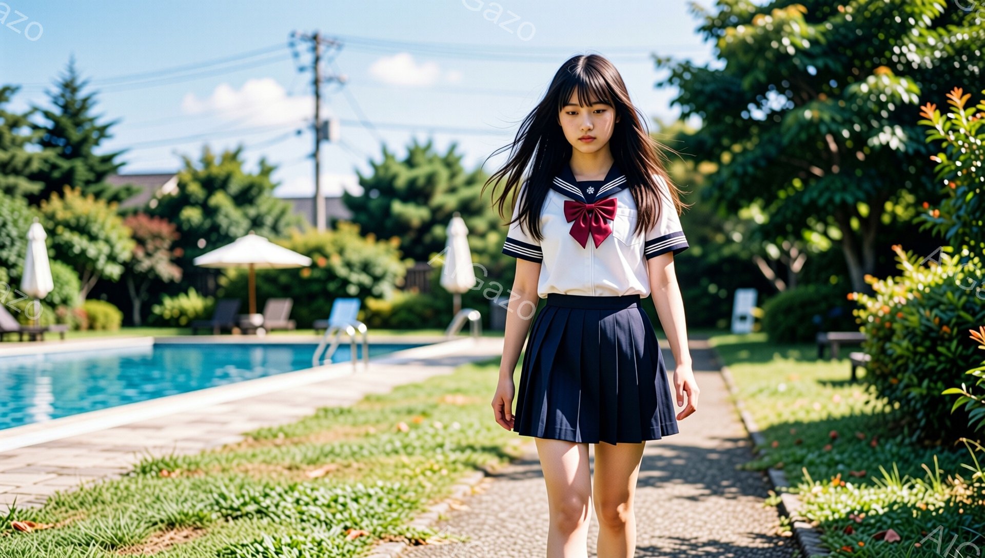 画像には、紺色のプリーツスカートと白のセーラー襟のブラウスを着た若い女性が写っています。彼女は長くストレートの黒髪で、少し憂いのある表情をしています。背景には青いプール、緑豊かな植物、そして晴れた空が広がっており、夏の穏やかな雰囲気です。