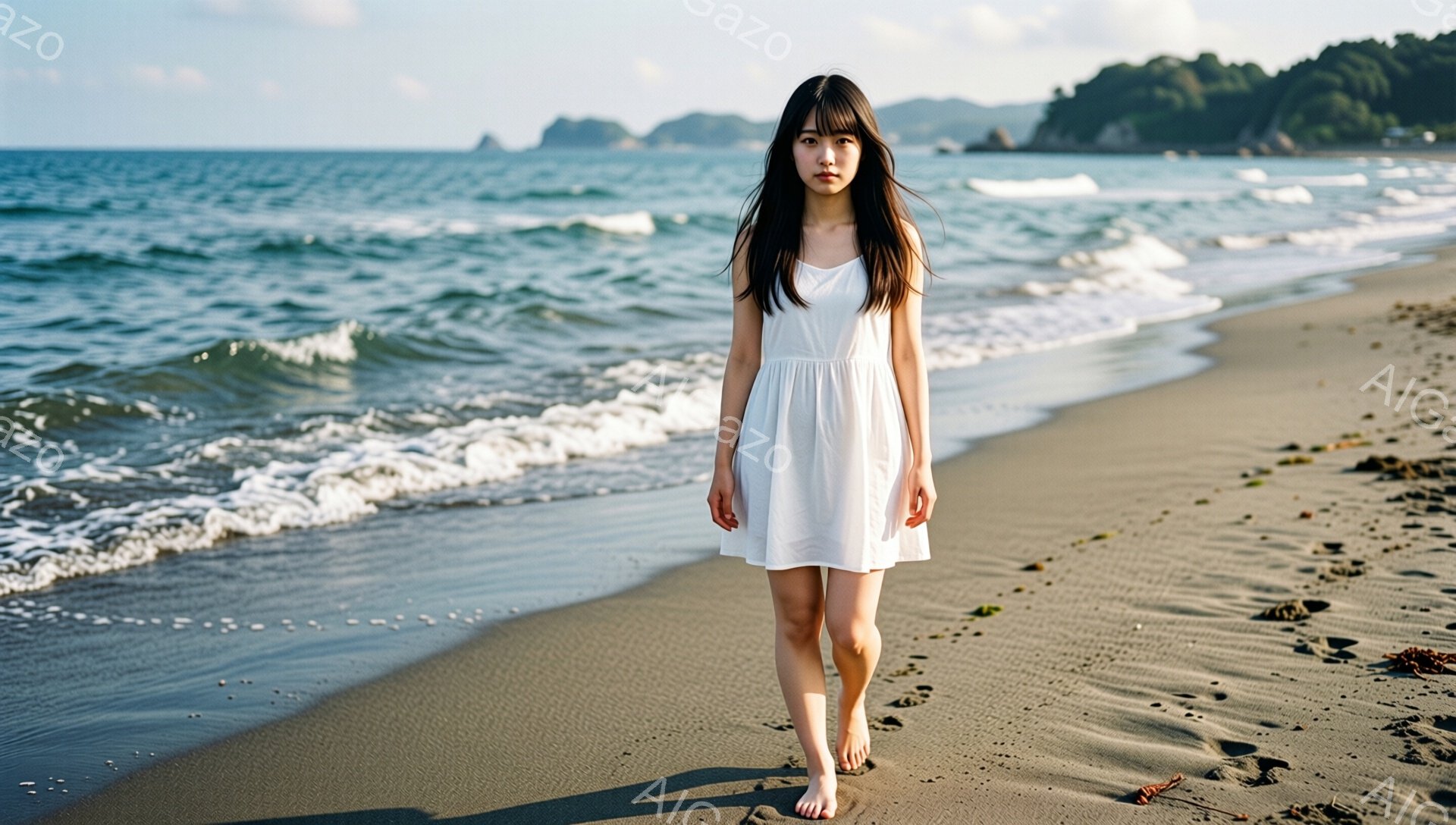 長い黒髪をなびかせた若い女性が、白いワンピースを着て砂浜を歩いている。彼女はカメラの方を見つめ、やや物憂げな表情をしている。背景には青い海と緑の山々が広がり、穏やかで少し寂しげな雰囲気が漂っている。