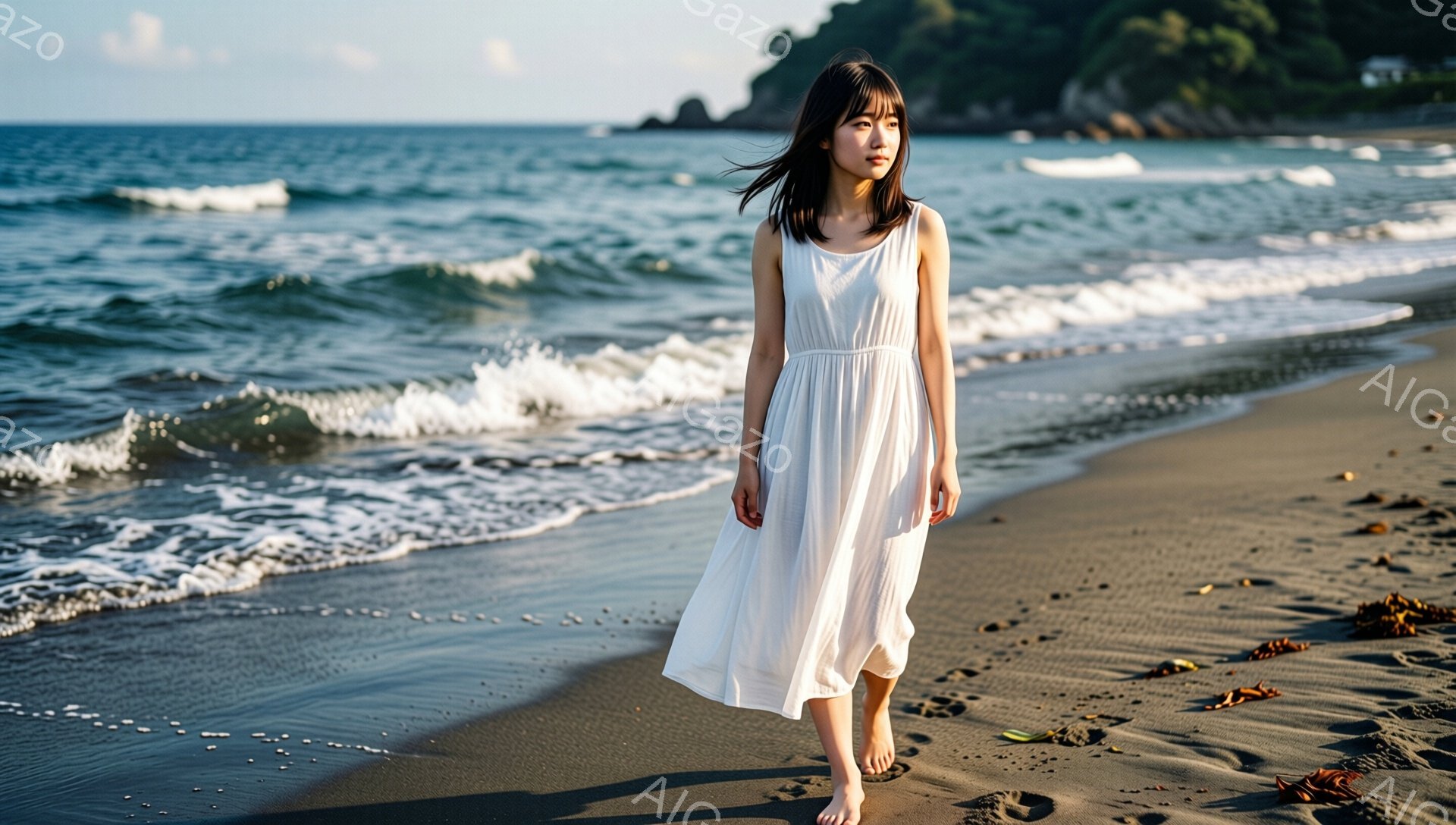 長い黒髪を風になびかせ、白いワンピースを着た女性が砂浜を歩いている。彼女は少し寂しげな表情で遠くを見つめ、素足で黒い砂浜を踏みしめている。背景には青い海と白い波、そして緑の山々が広がり、穏やかで少し憂いを帯びた雰囲気が漂っている。